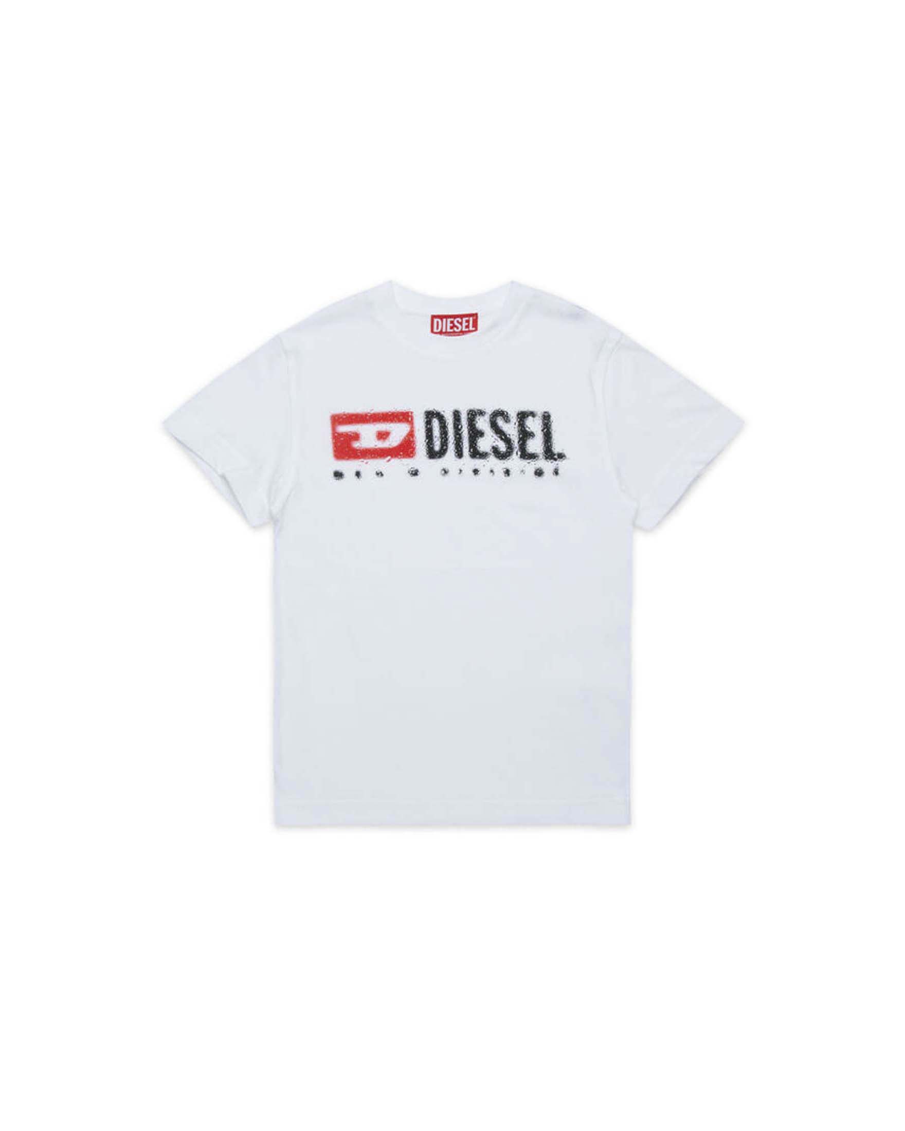 T-shirt bianca in puro cotone con scritta logo effetto pioggia