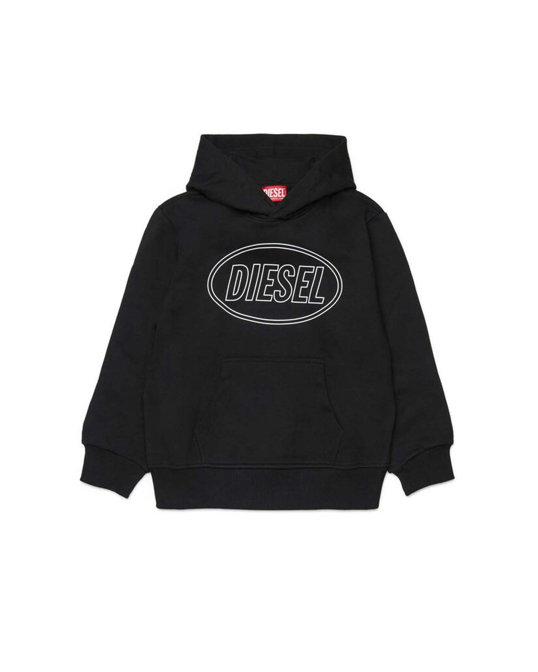 Felpa nera Diesel in puro cotone con logo icon 3D e cappuccio