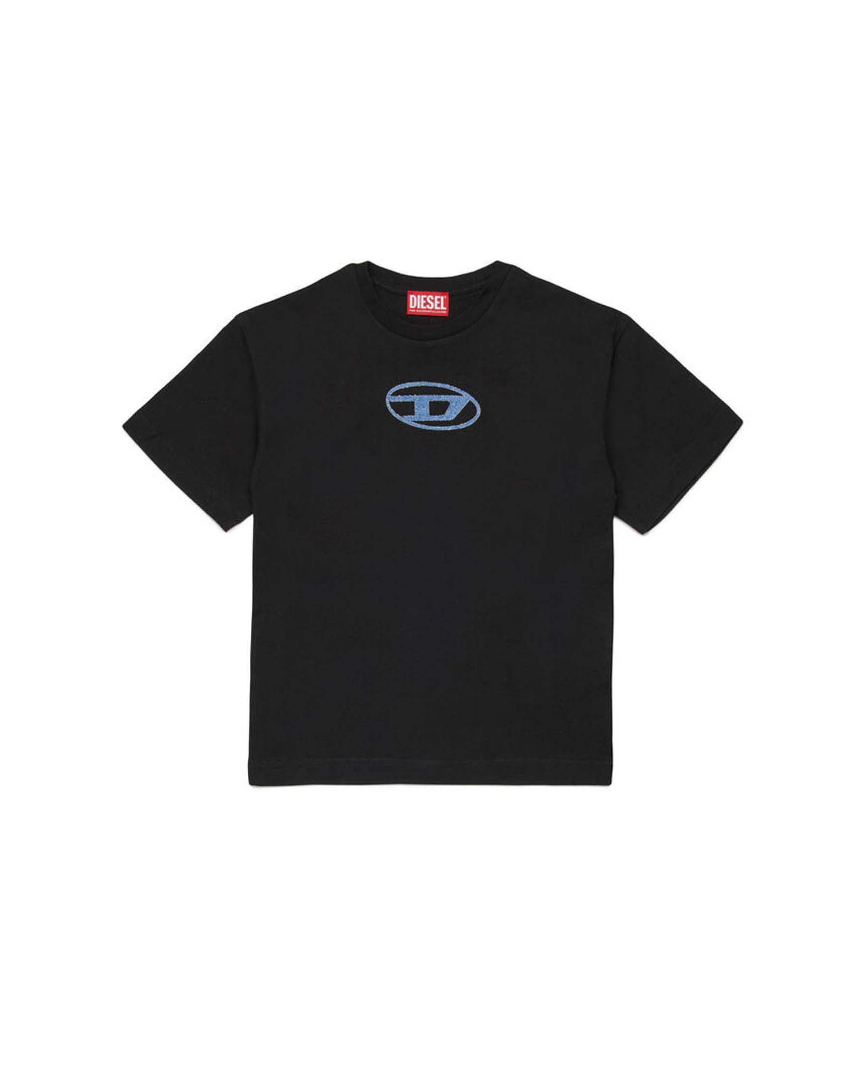 T-shirt nera in puro cotone con mini logo denim