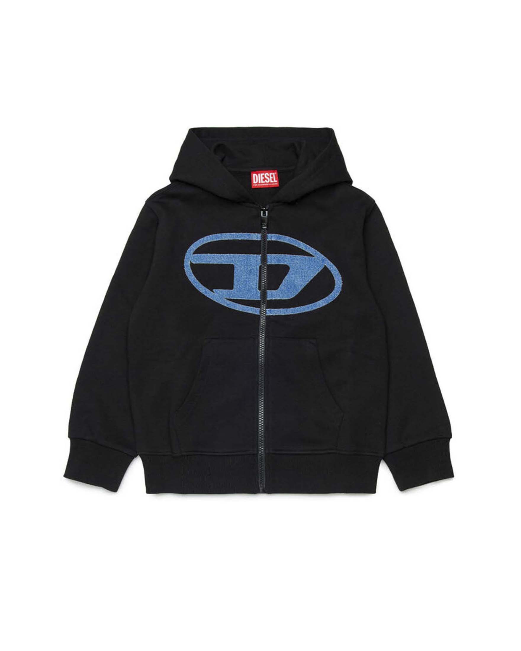 Felpa nera in cotone con logo denim e cappuccio