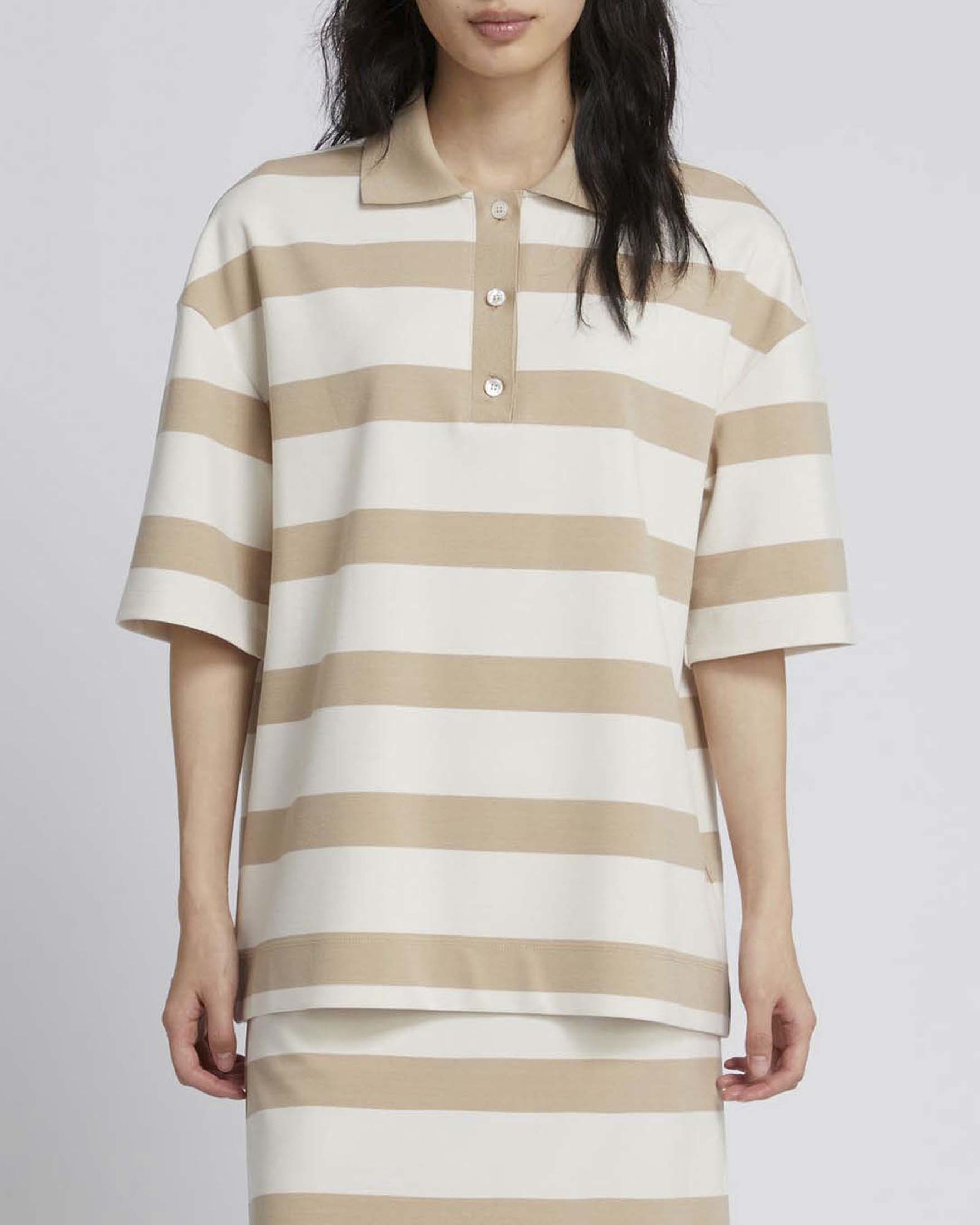 Polo a righe panna e beige MM Max Mara a maniche corte in viscosa punto Milano