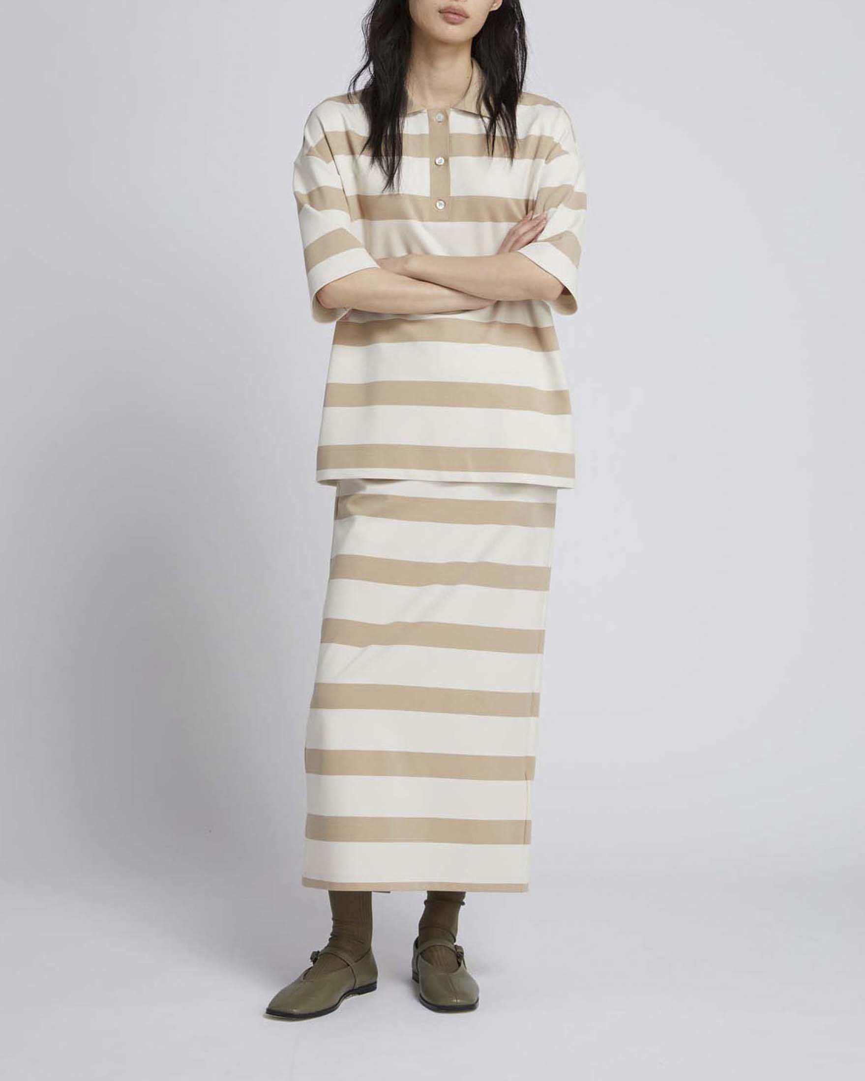 Polo a righe panna e beige MM Max Mara a maniche corte in viscosa punto Milano image
