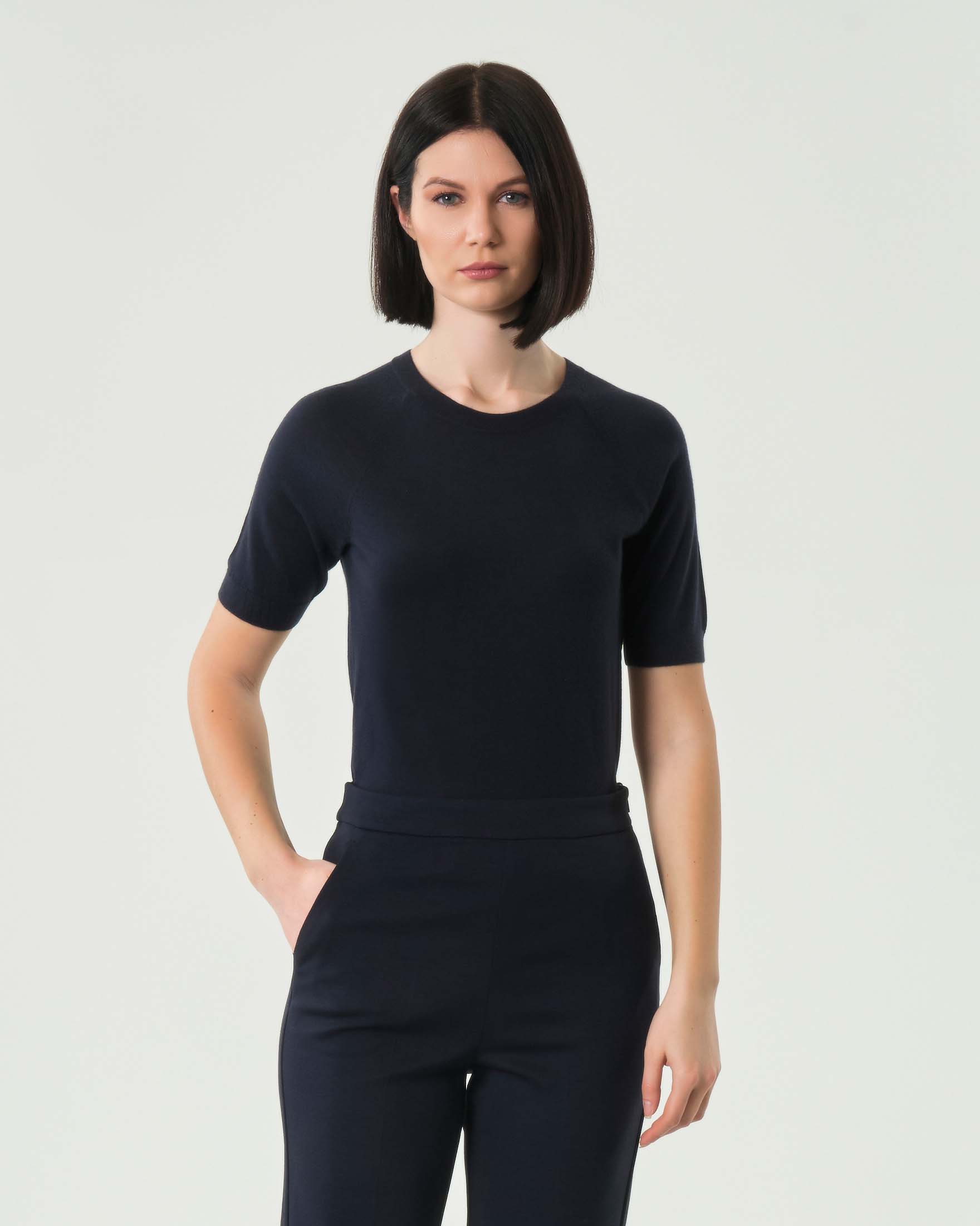Maglia blu MM a maniche corte in misto lana e cashmere a girocollo