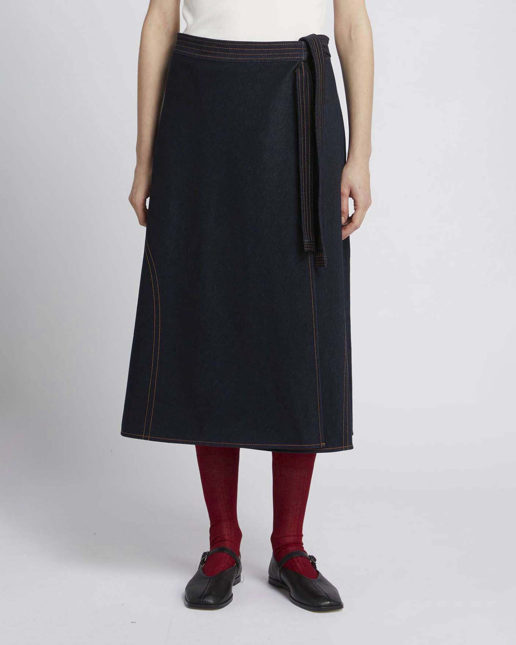 Gonna midi blu MM Max Mara a portafoglio effetto denim con impunture image