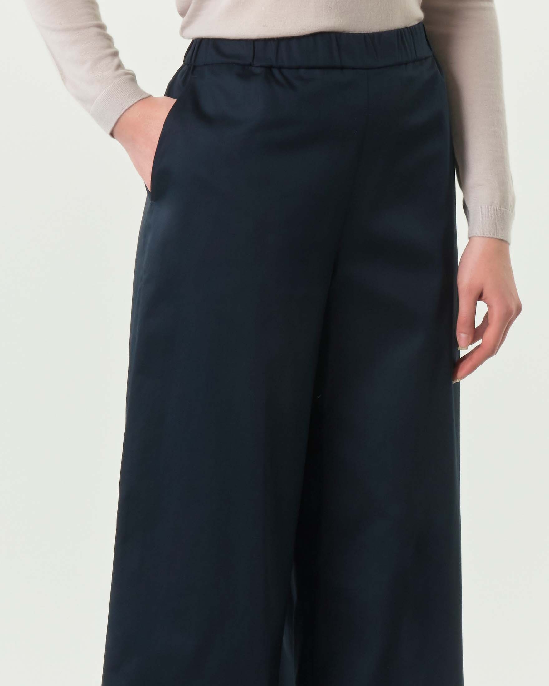 Pantaloni wide blu MM Max Mara in raso di puro cotone con elastico in vita image