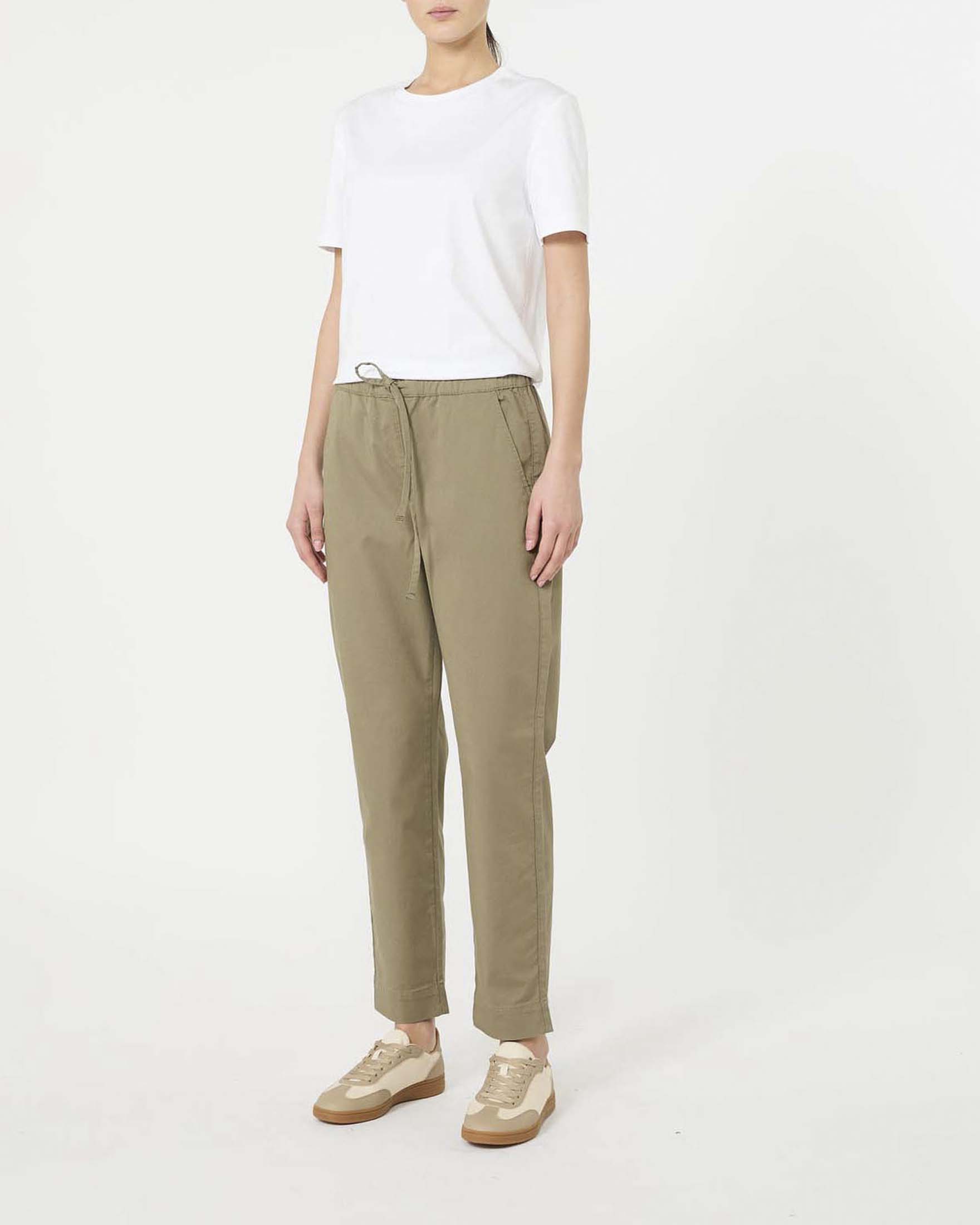 Jogger color khaki MM Max Mara in drill di cotone stretch con coulisse in vita