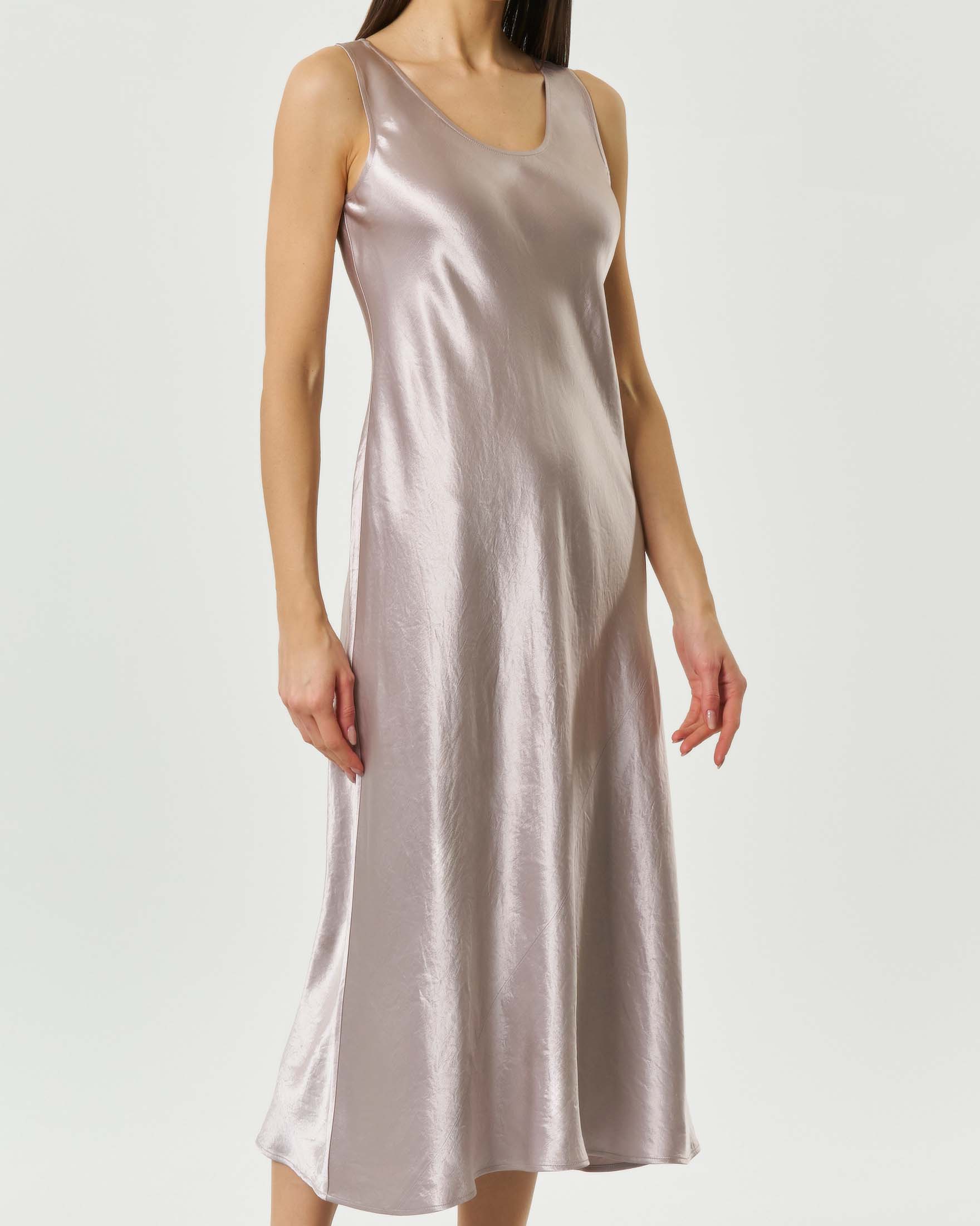 Abito midi color tortora MM Max Mara in satin lucido leggermente svasato sul fondo image