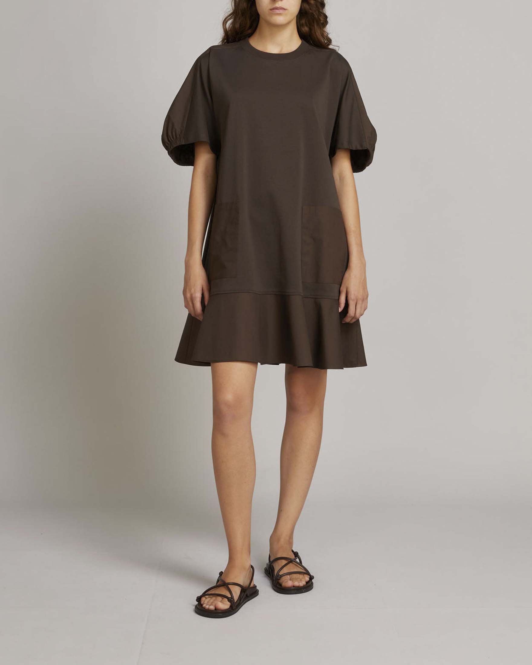 Abito corto marrone MM Max Mara a mezze maniche con balza sul fondo