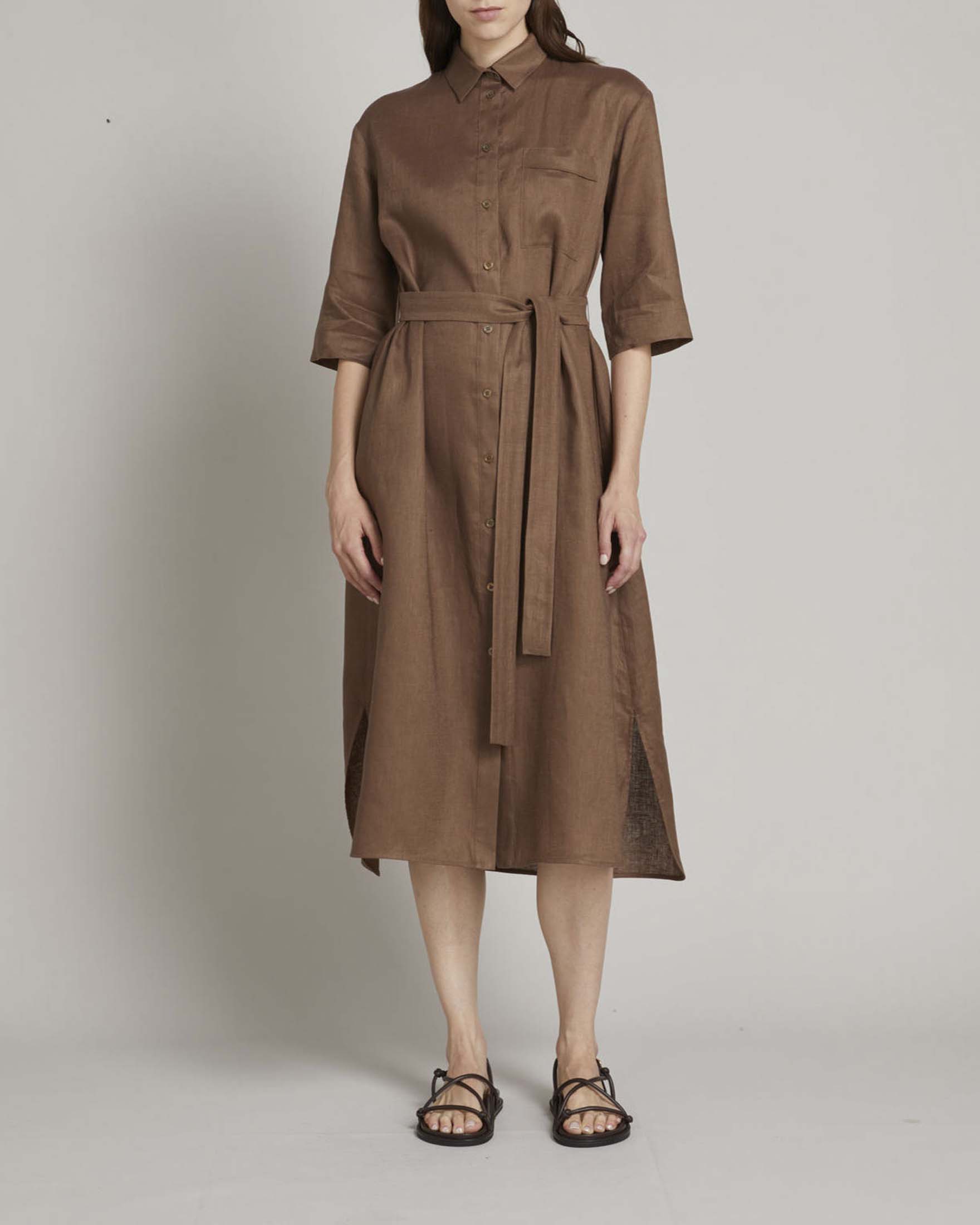 Abito midi chemisier marrone MM Max Mara in puro lino a mezze maniche con cintura abbinata