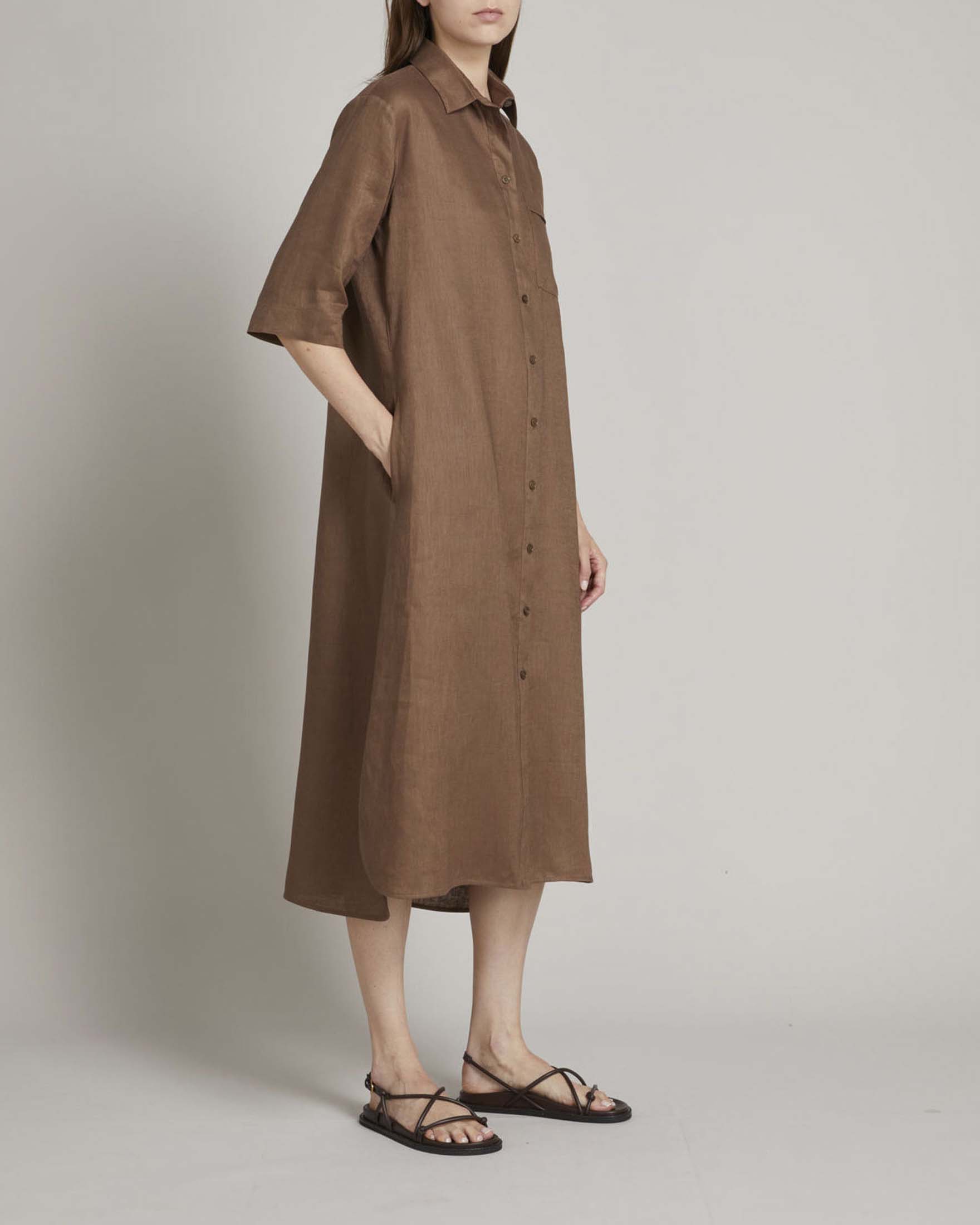 Abito midi chemisier marrone MM Max Mara in puro lino a mezze maniche con cintura abbinata image