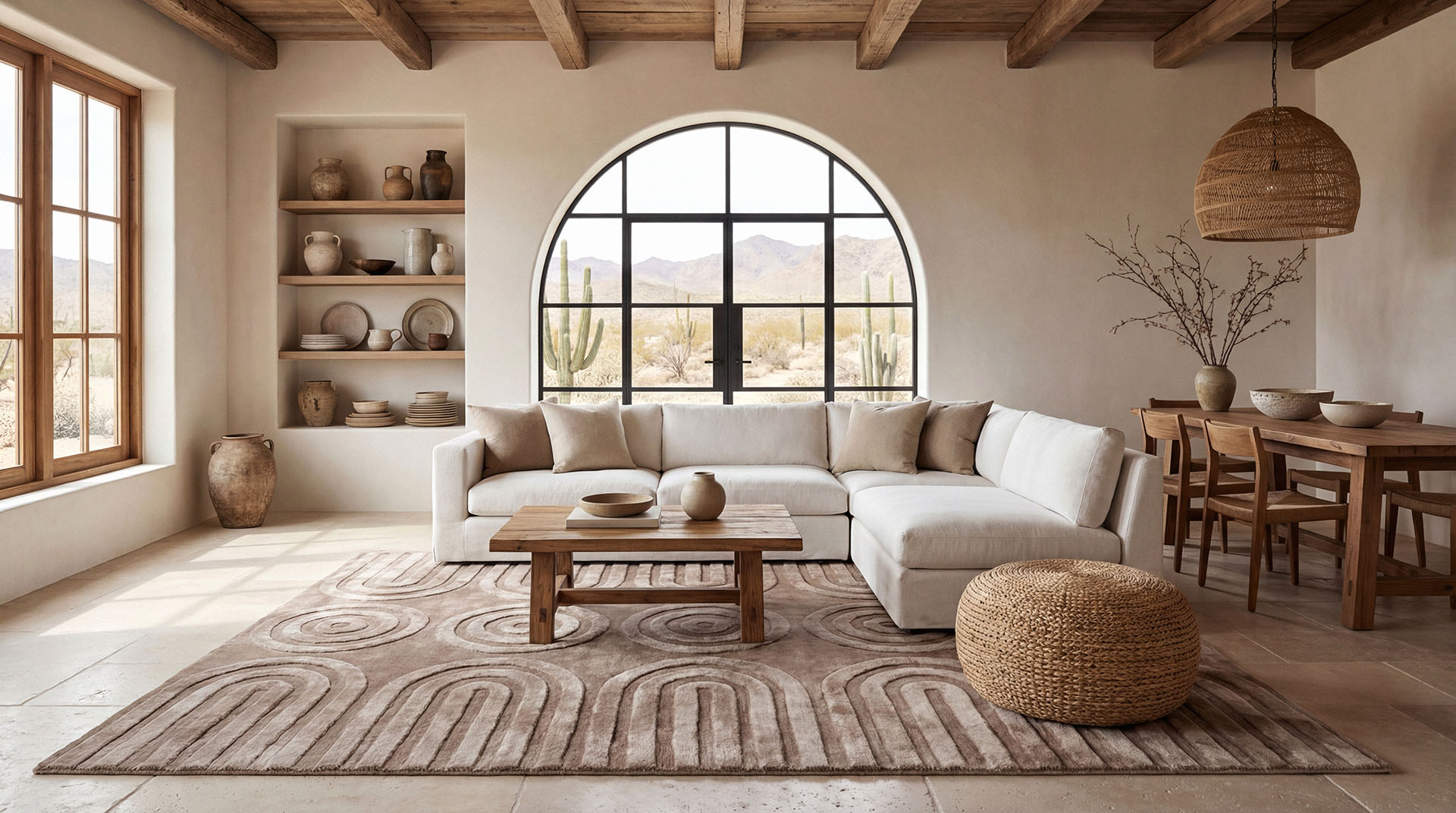 Tappeto Soleil nella variante visone ambientato in un soggiorno contemporaneo con divano, tavolino in legno e grandi vetrate