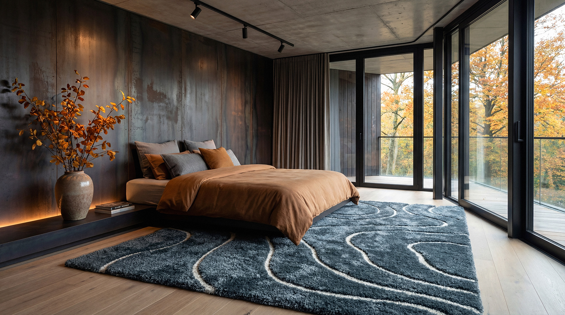 Tappeto Venere nella variante blu ambientato in una camera da letto contemporanea con pareti scure e vetrate panoramiche