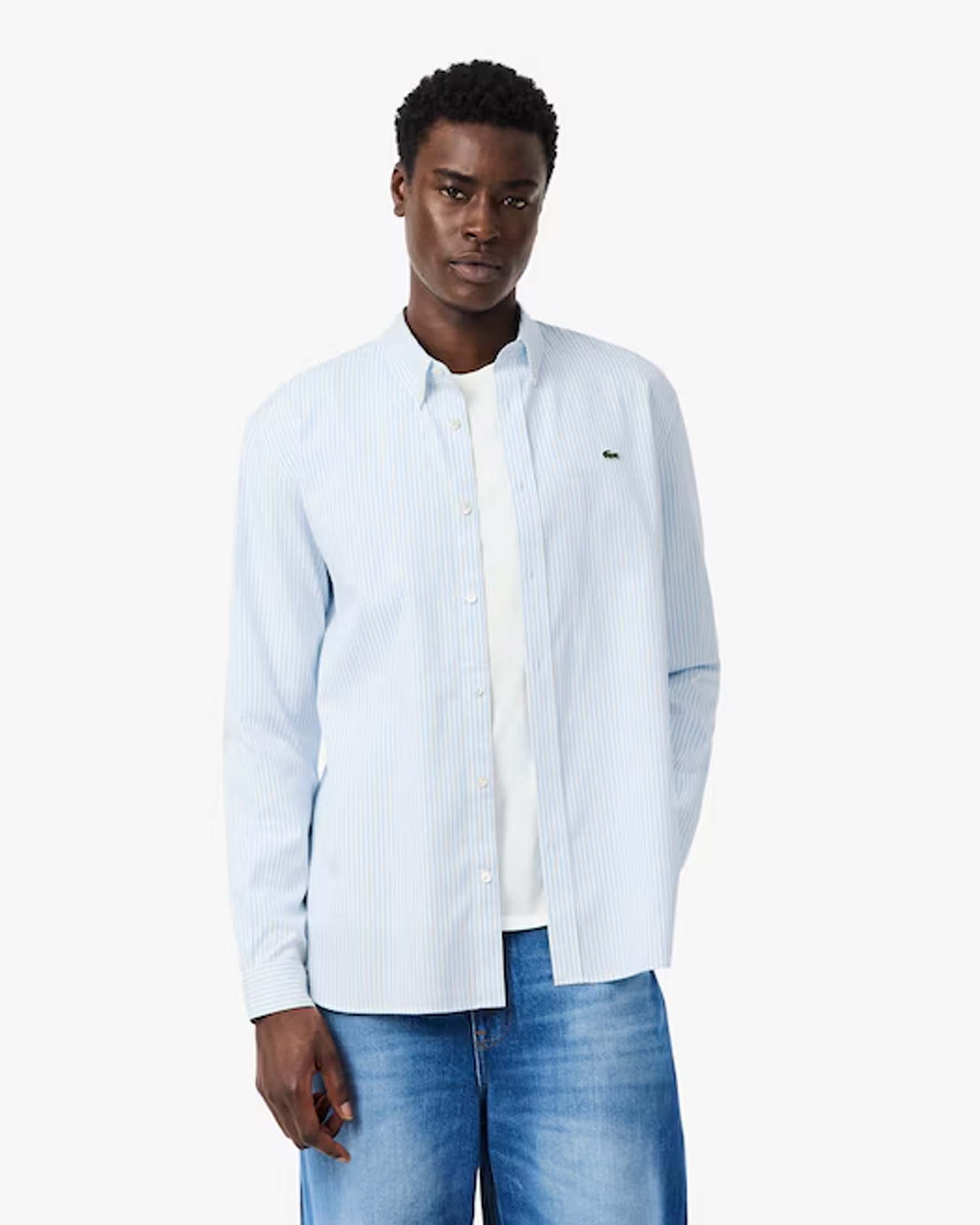 Camicia a righe bianche e azzurre in pinpoint di cotone con collo button down