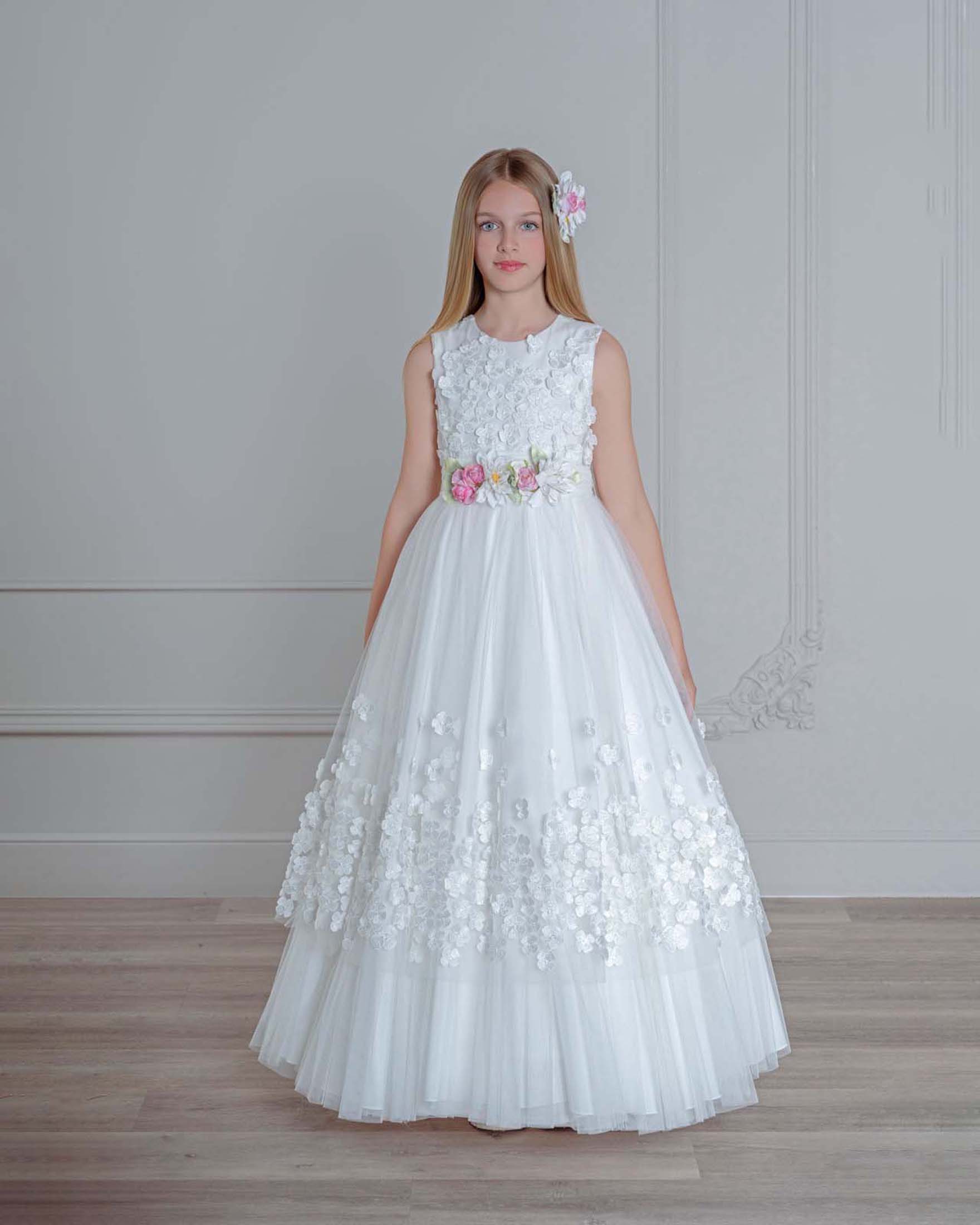 Abito avorio Mimilù con gonna lunga in tulle e motivi floreali