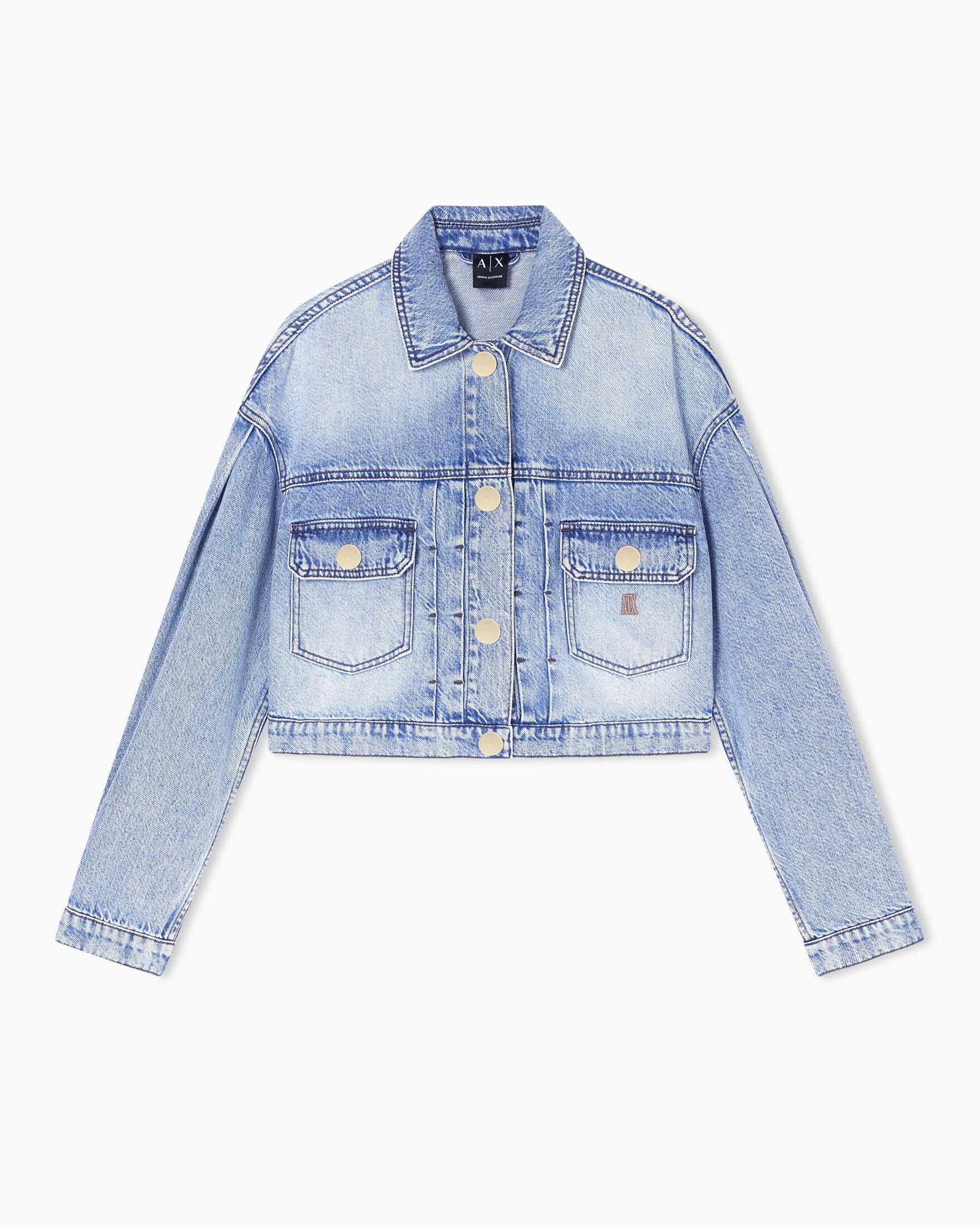 Giubbino Exchange in denim di cotone lavaggio chiaro con automatici e collo a camicia