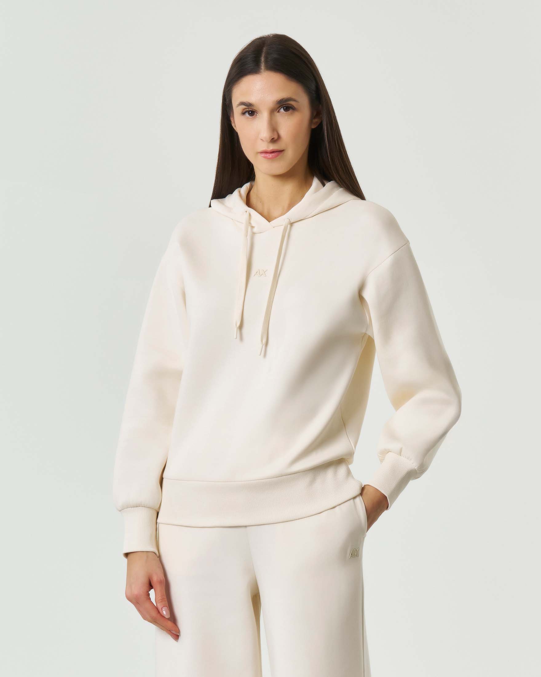 Felpa con cappuccio Armani Exchange panna con logo AX in tono