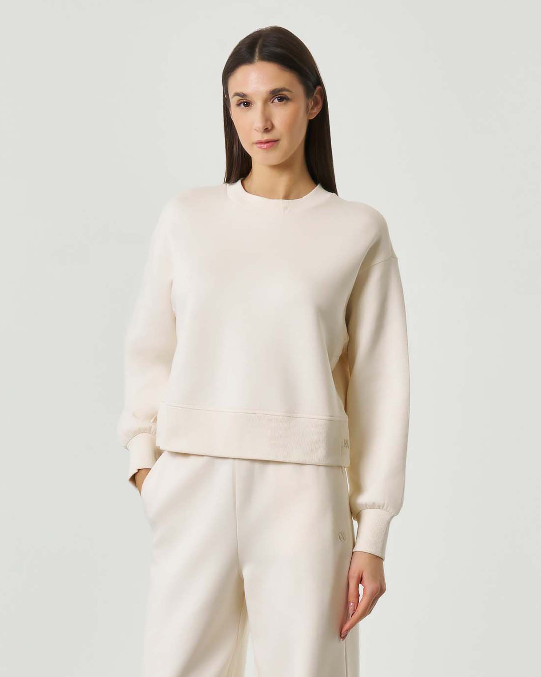 Felpa cropped girocollo Armani Exchange color avorio in misto cotone