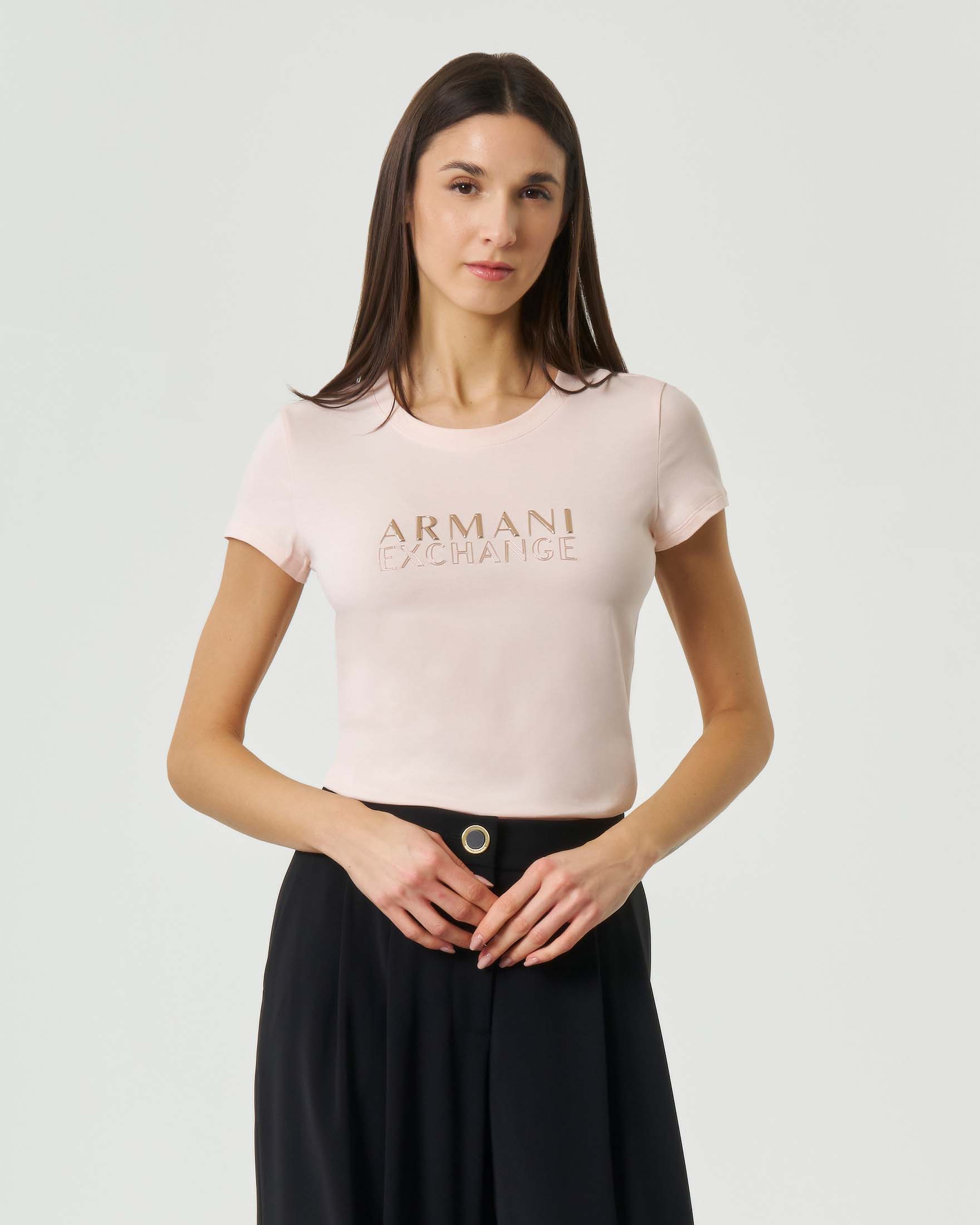 T-shirt Armani Exchange rosa chiaro in misto viscosa con logo stampato metallizzato