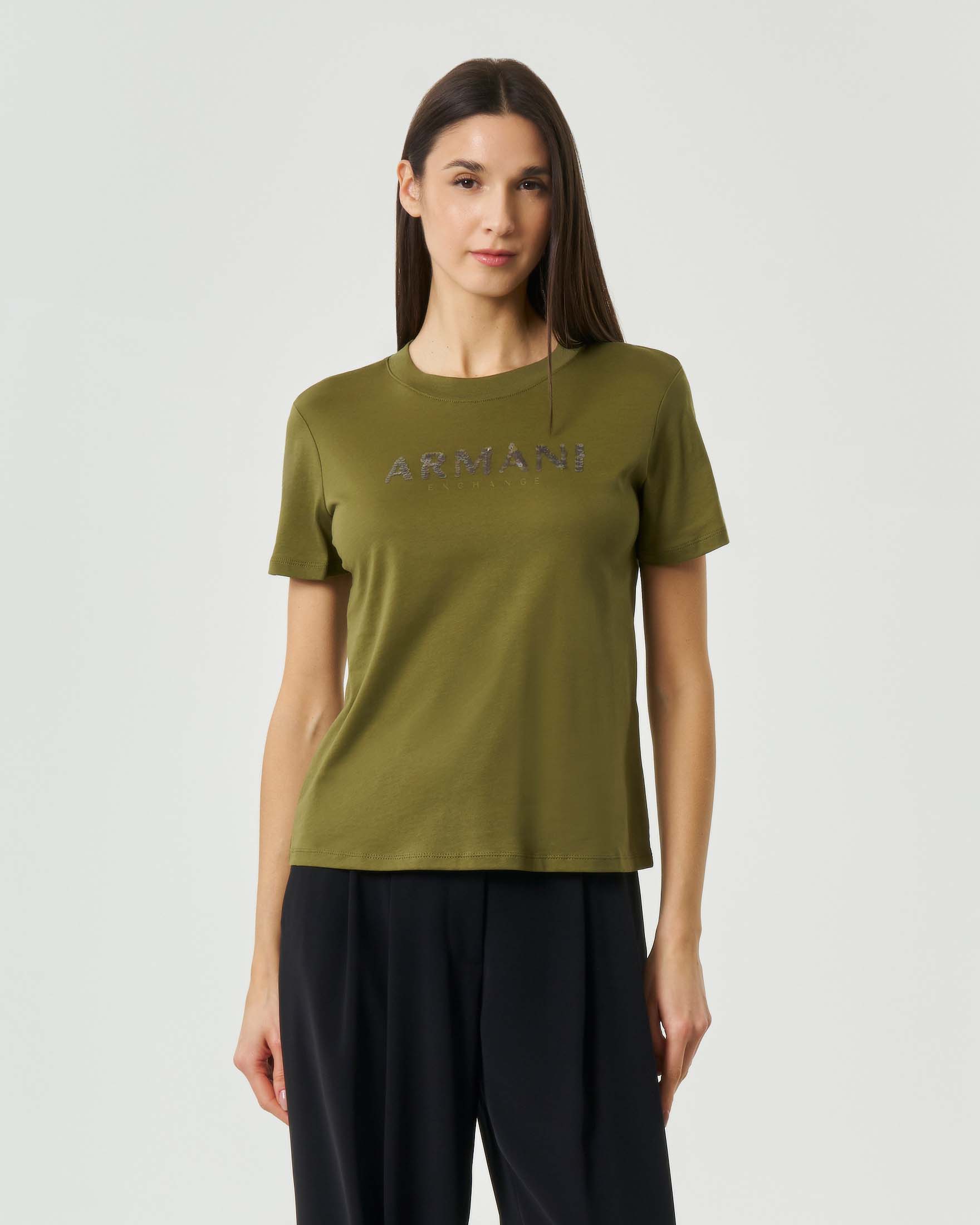 T-shirt girocollo Armani Exchange verde militare con logo in paillettes