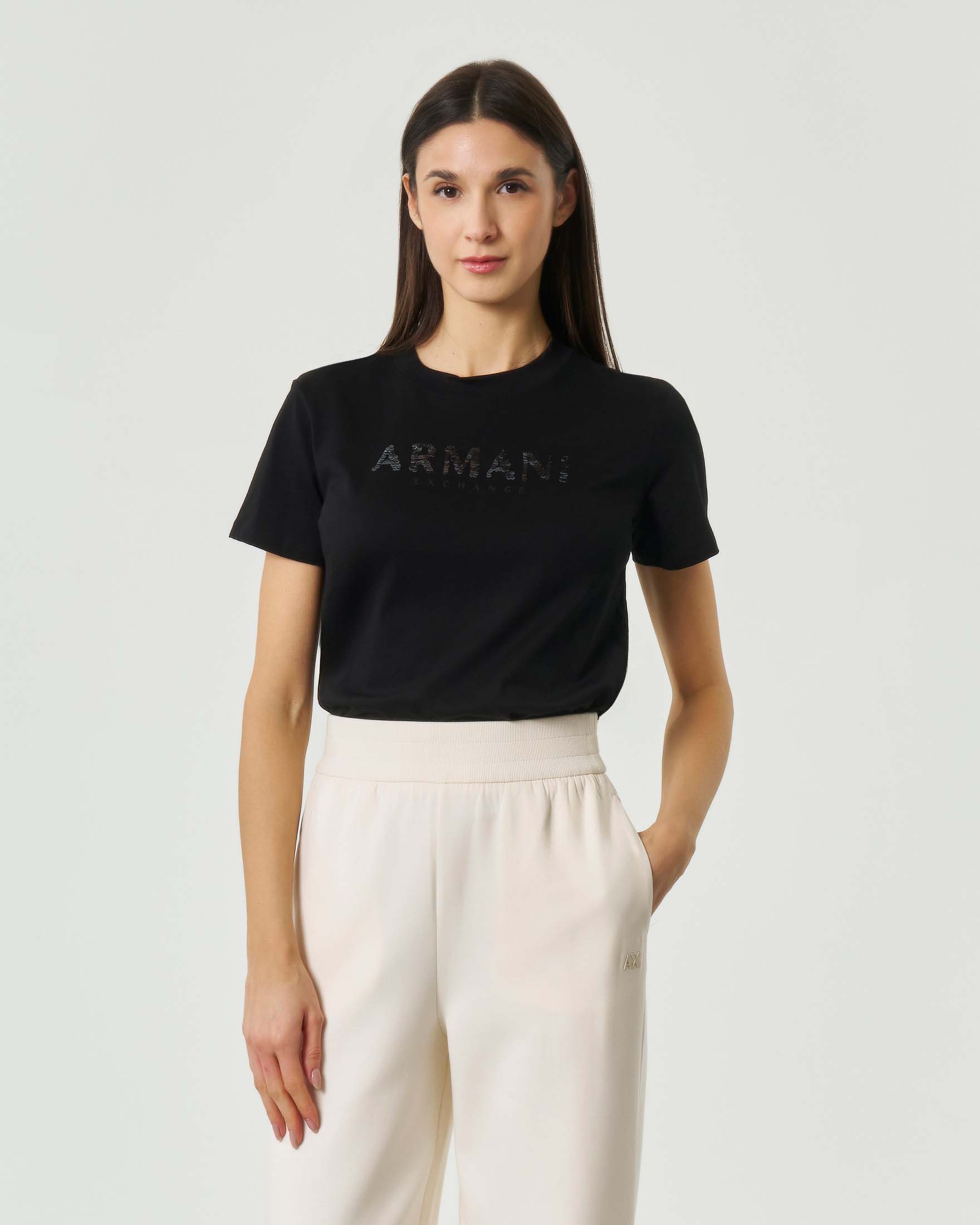 T-shirt girocollo Armani Exchange nera con logo in paillettes