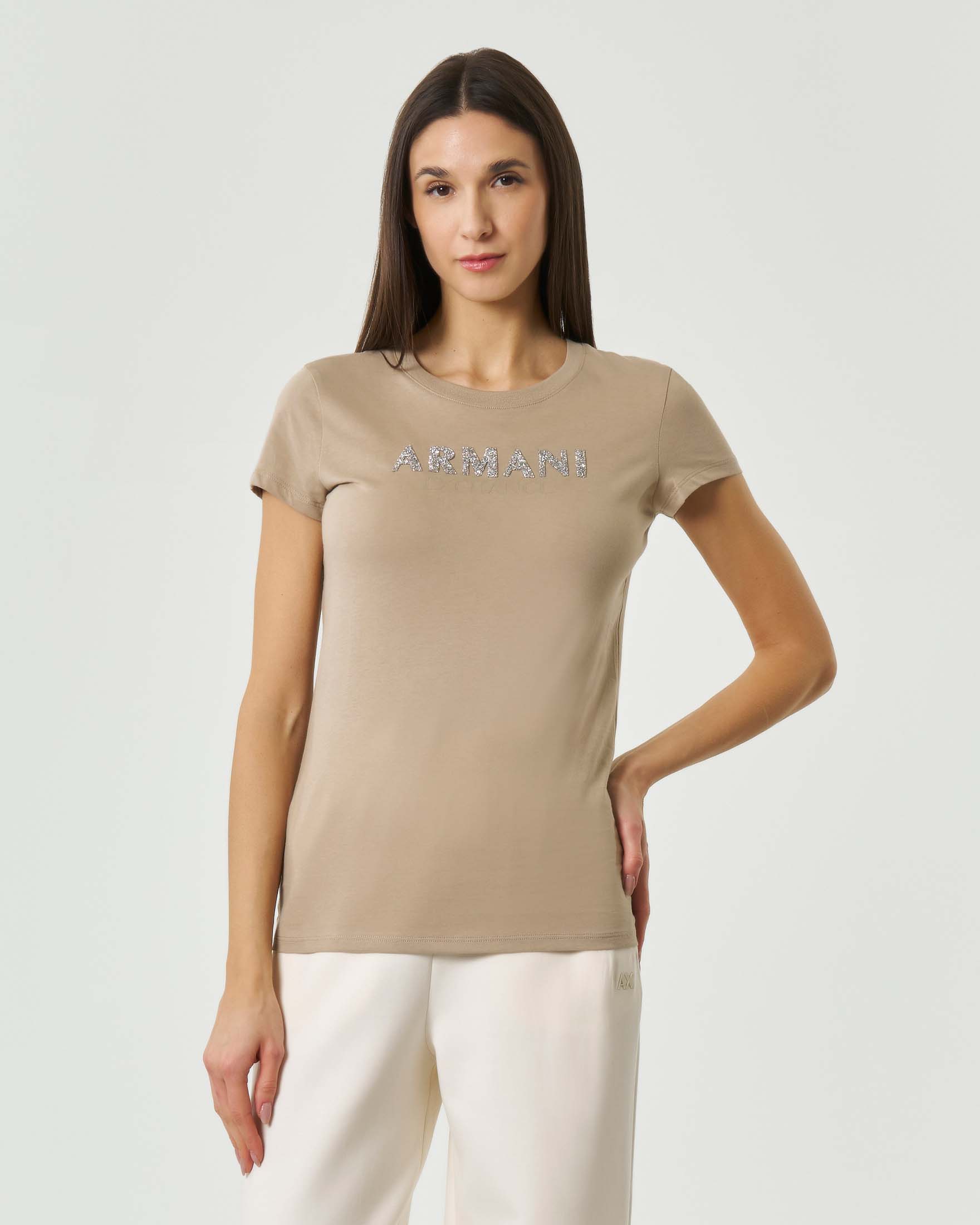 T-shirt maniche corte Armani Exchange beige con logo glitter