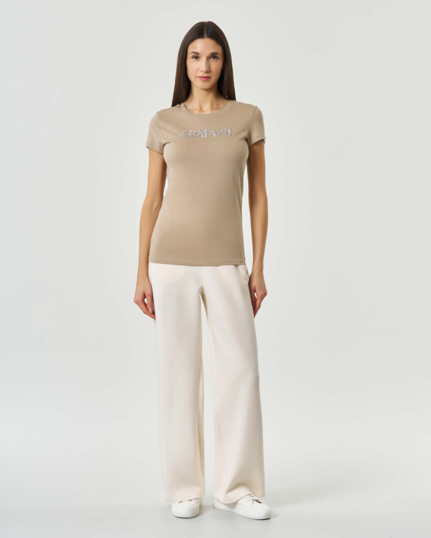 T-shirt maniche corte Armani Exchange beige con logo glitter image