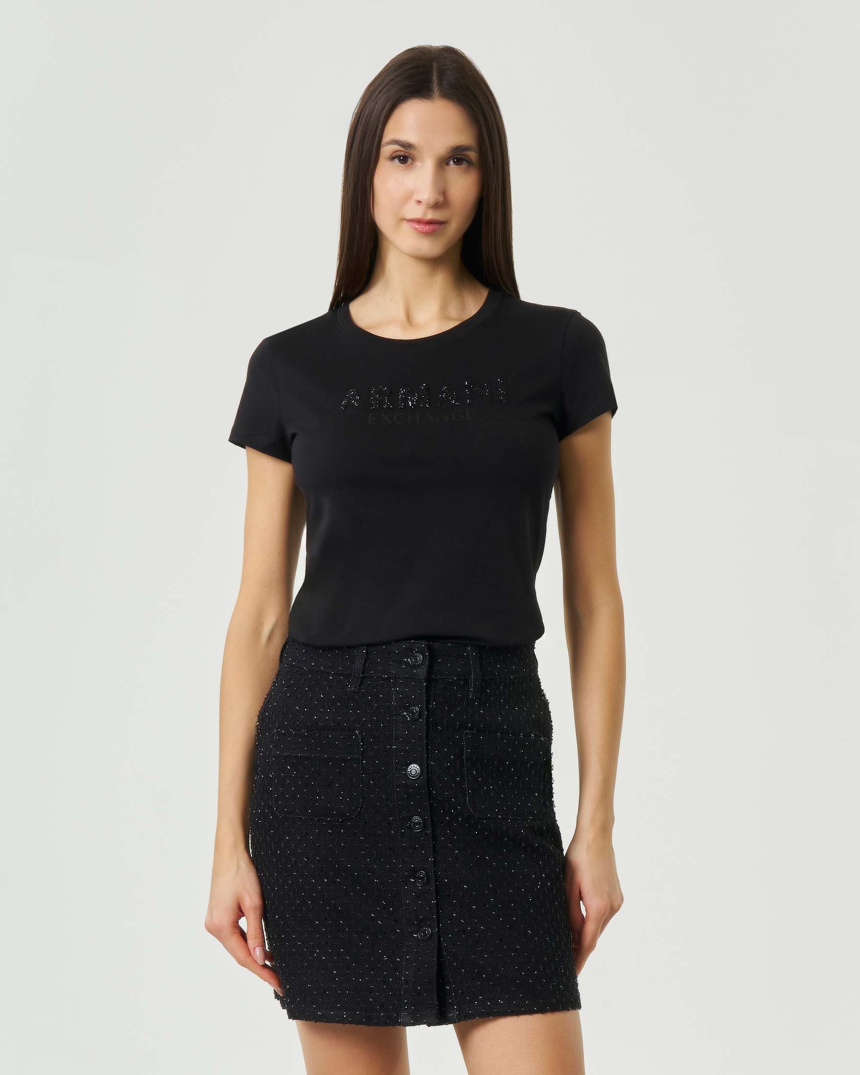 T-shirt maniche corte Exchange nera con logo glitter