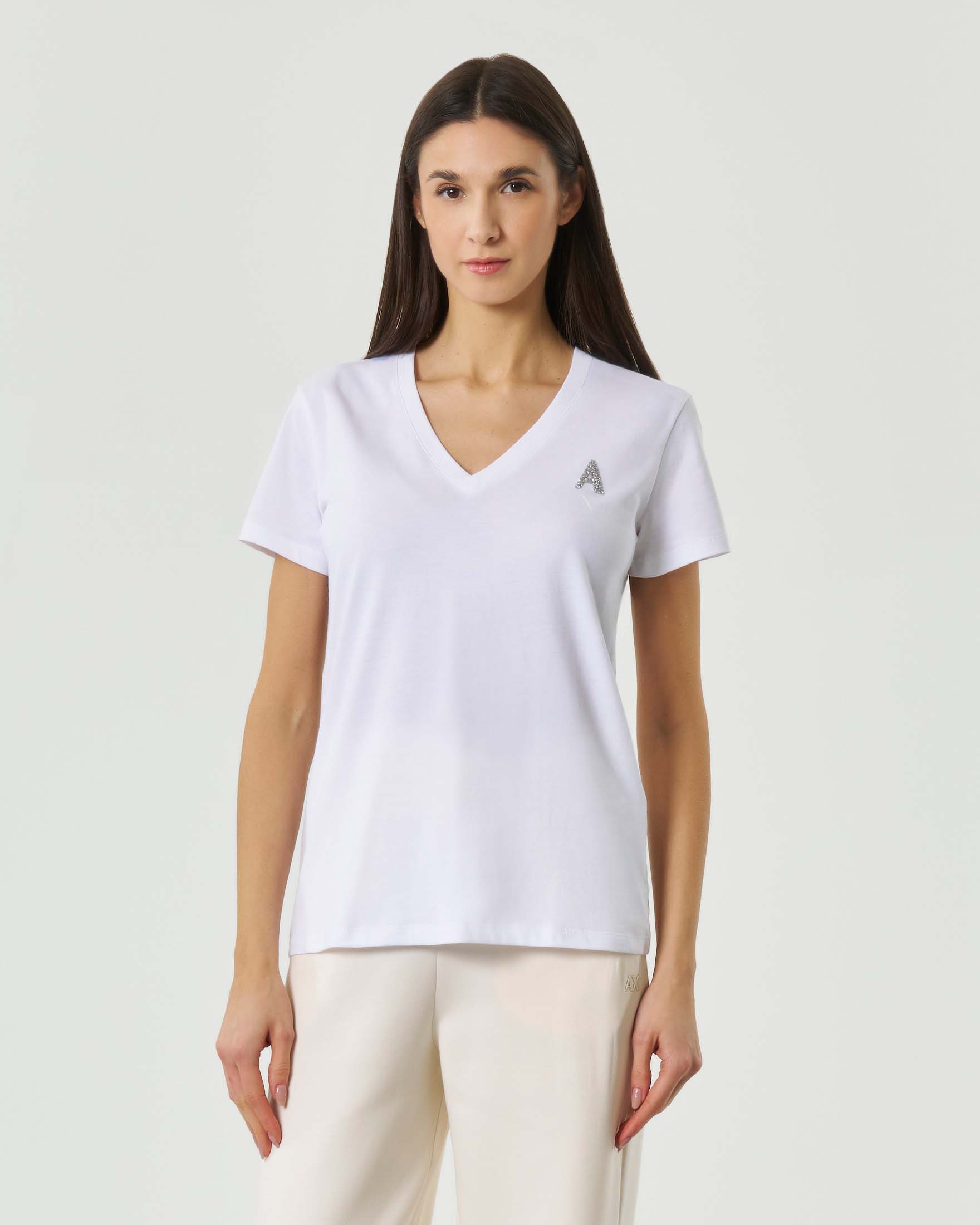 T-shirt maniche corte Armani Exchange bianca con scollo a V e logo glitter
