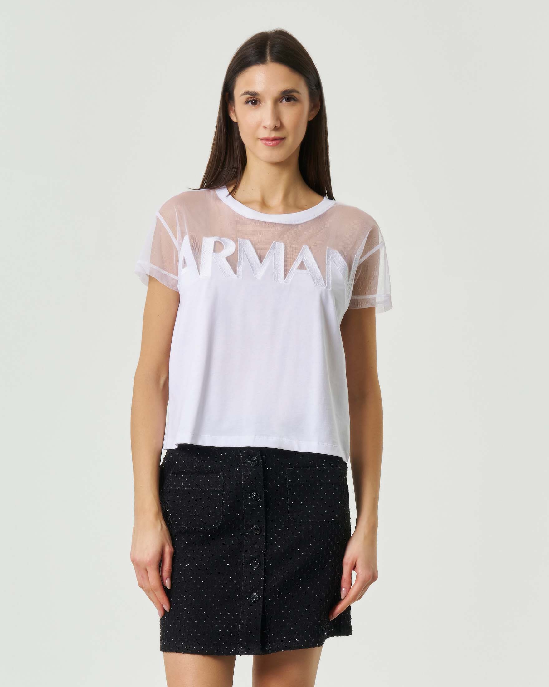 T-shirt maniche corte Exchange bianca con inserto in tulle e maxi logo ricamato