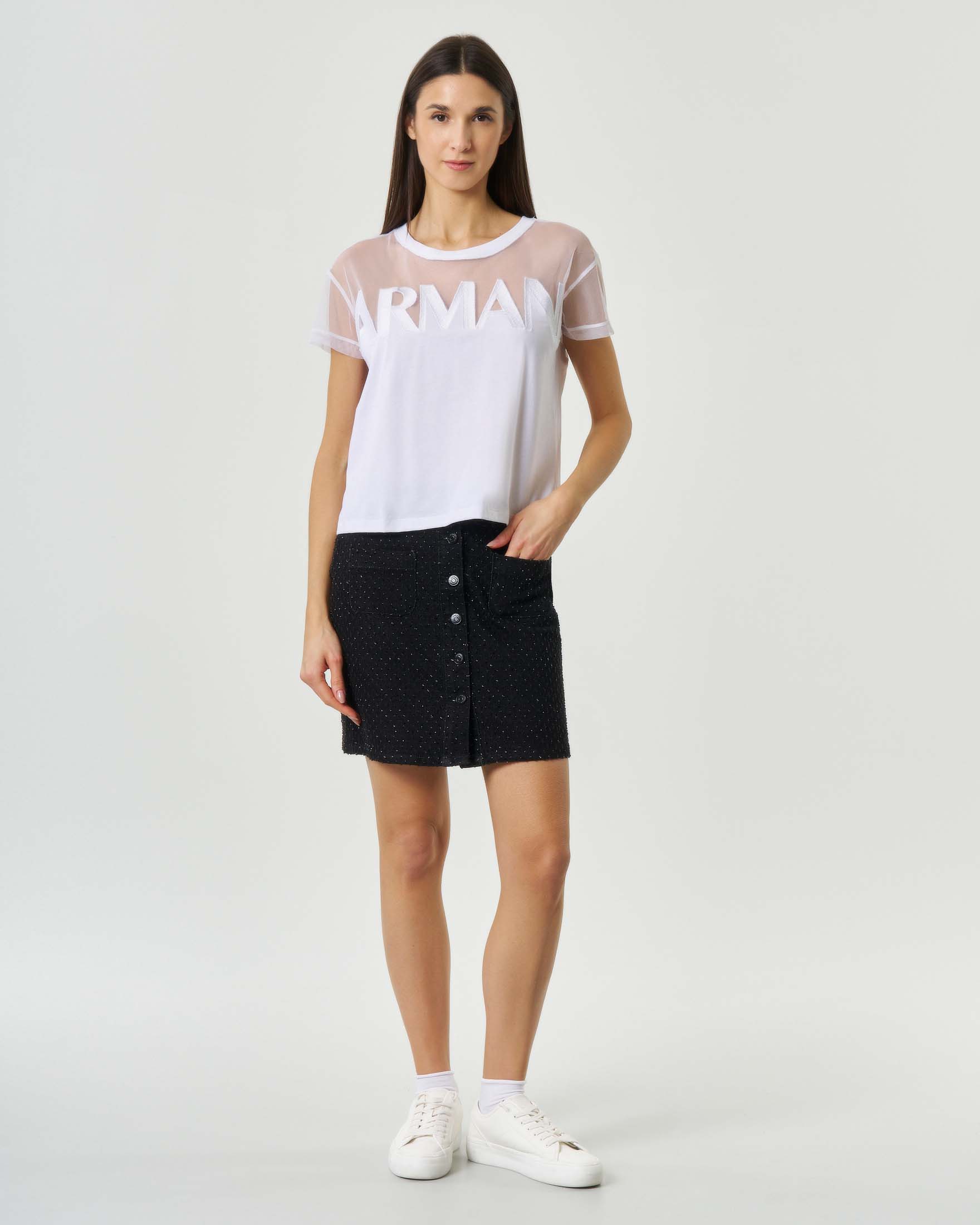 T-shirt maniche corte Armani Exchange bianca con inserto in tulle e maxi logo ricamato image
