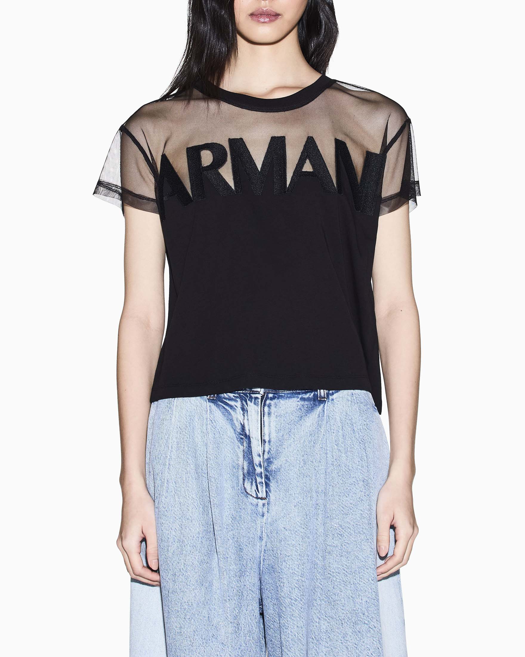T-shirt maniche corte Armani Exchange nera con inserto in tulle e maxi logo ricamato image
