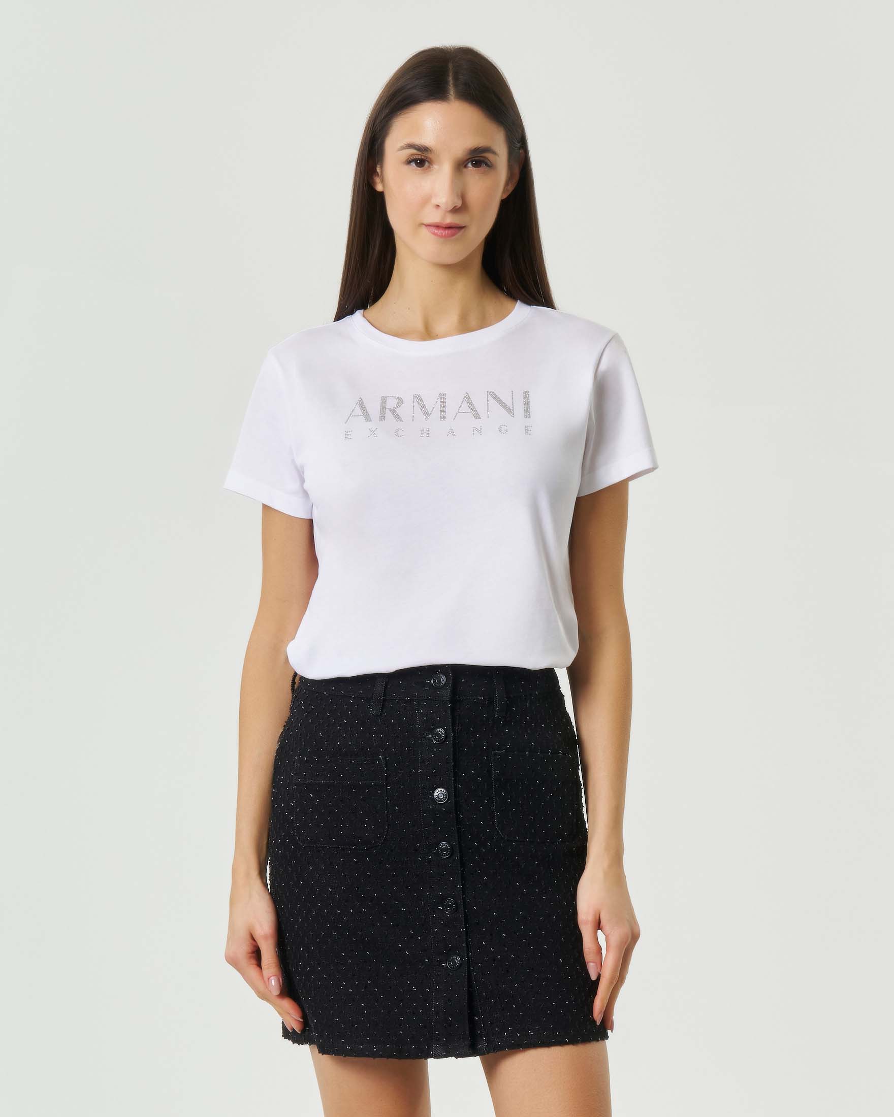 T-shirt maniche corte Exchange bianca girocollo con scritta logo in strass