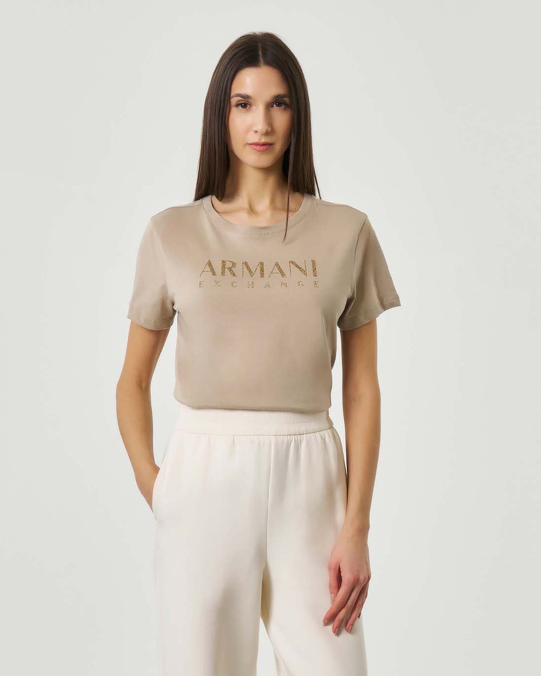 T-shirt maniche corte Armani Exchange beige girocollo con scritta logo in strass