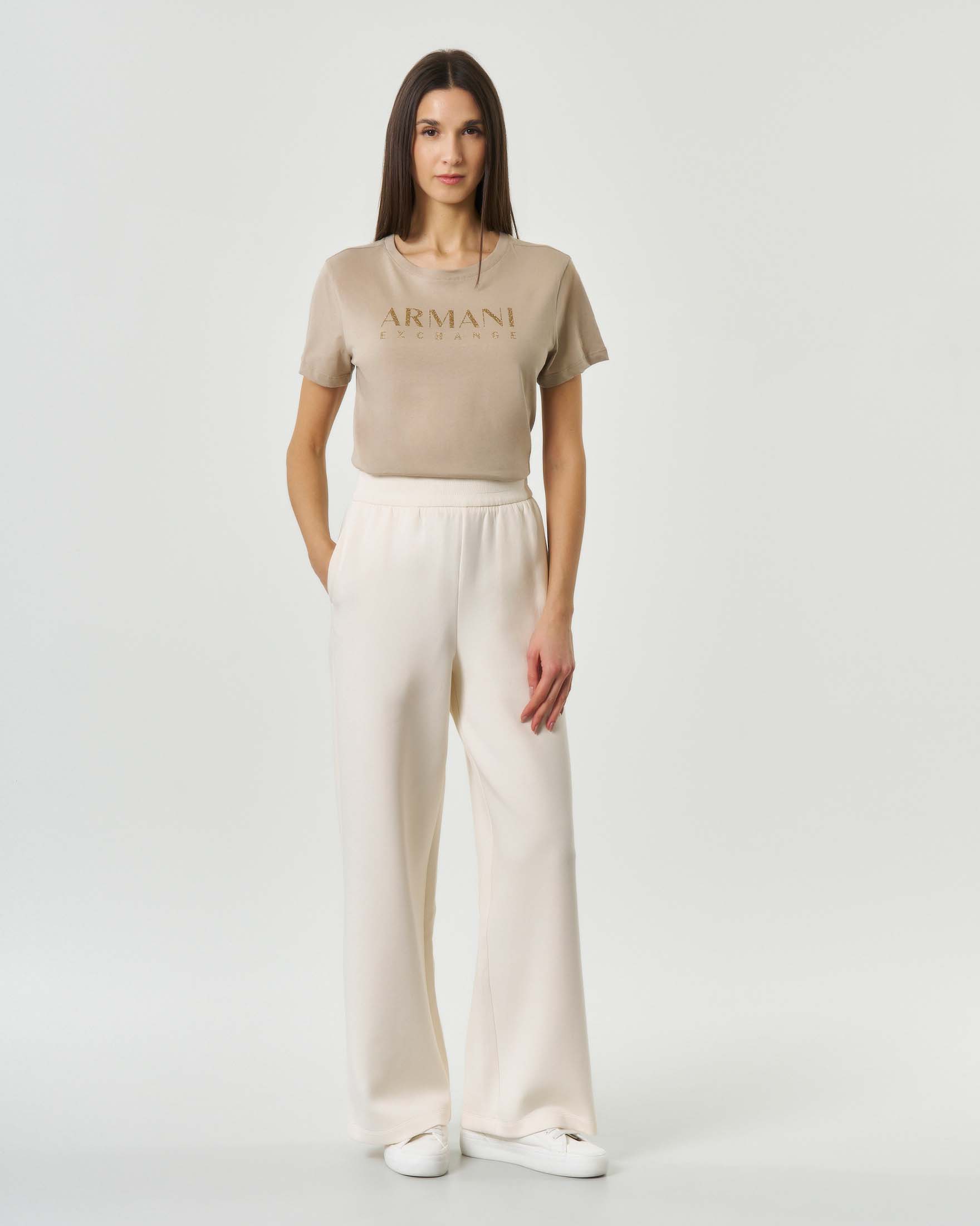 T-shirt maniche corte Armani Exchange beige girocollo con scritta logo in strass image