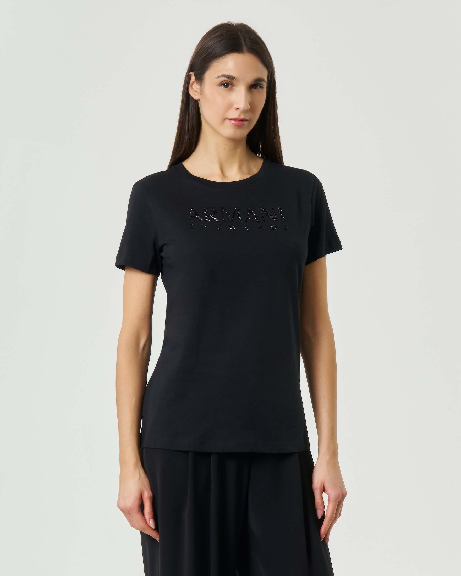 Armani Exchange — T-shirt maniche corte Armani Exchange nera girocollo con scritta logo in strass