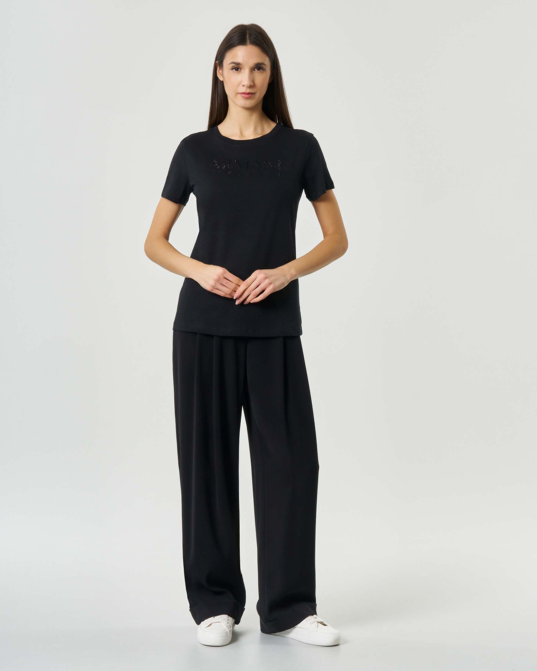 T-shirt maniche corte Armani Exchange nera girocollo con scritta logo in strass image