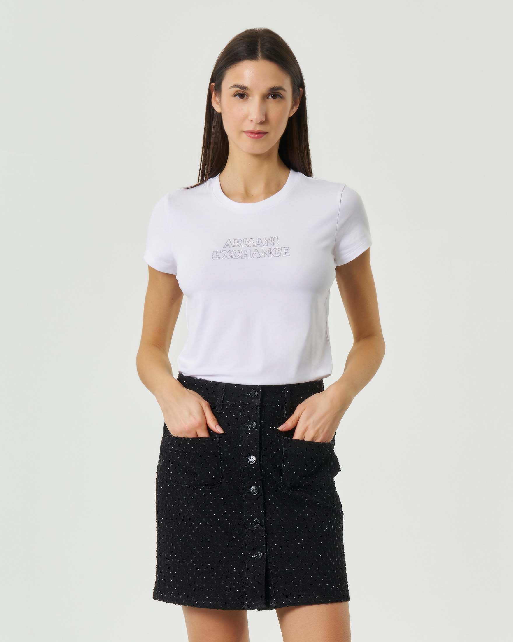 T-shirt slim fit a maniche corte Armani Exchange bianca con scritta logo in strass
