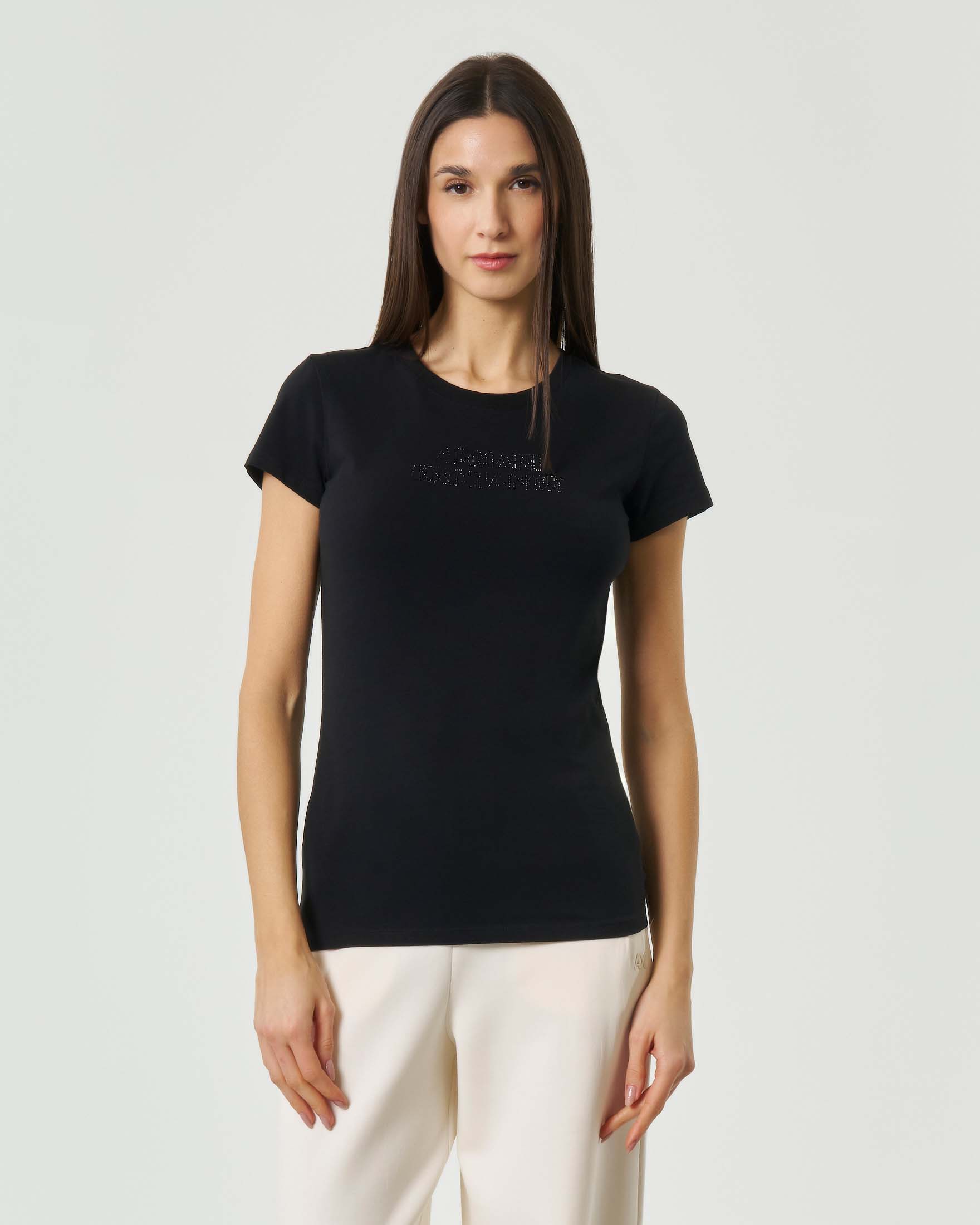 T-shirt slim fit a maniche corte Exchange nera con scritta logo in strass