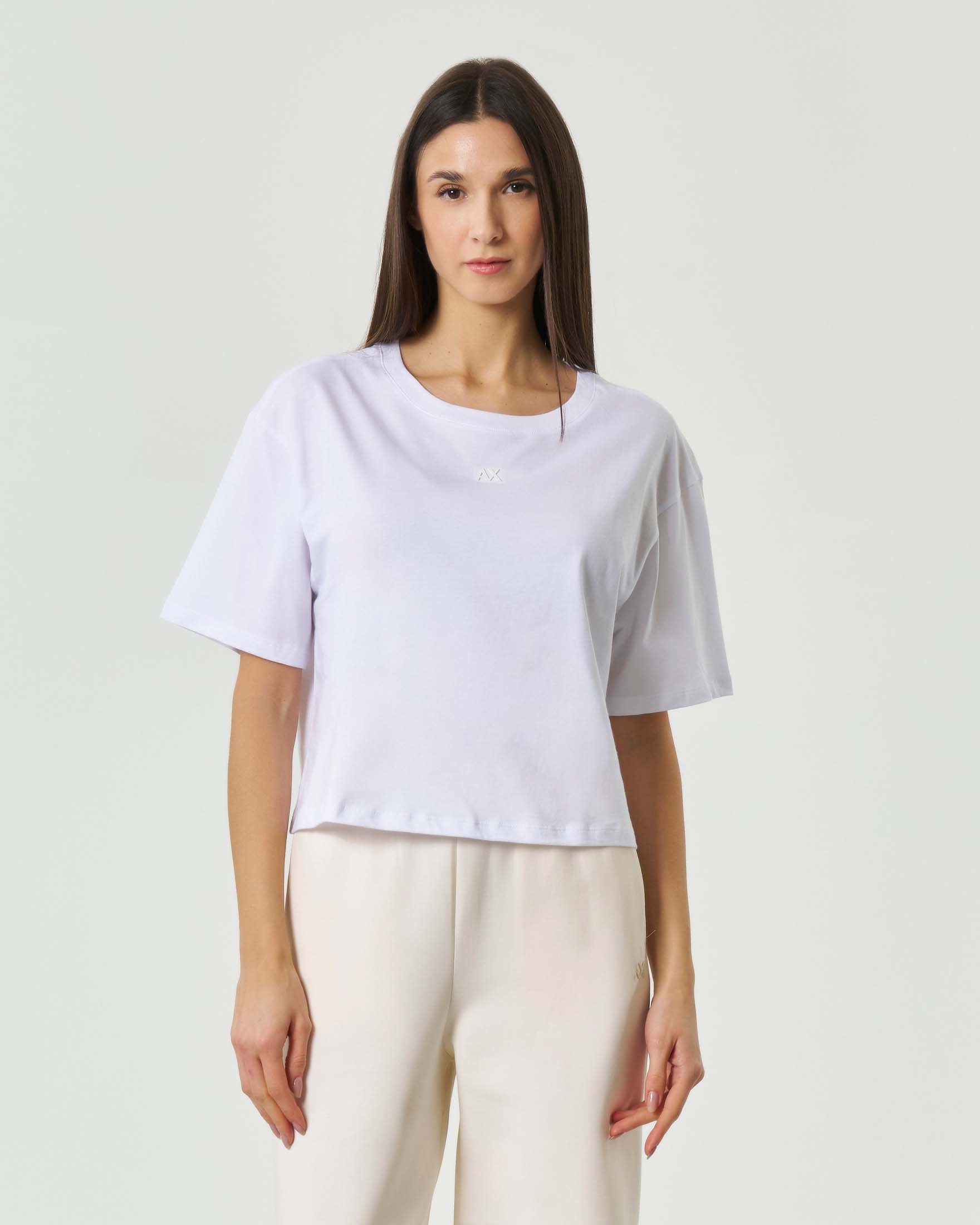 T-shirt cropped a maniche corte Exchange bianca con mini logo AX davanti