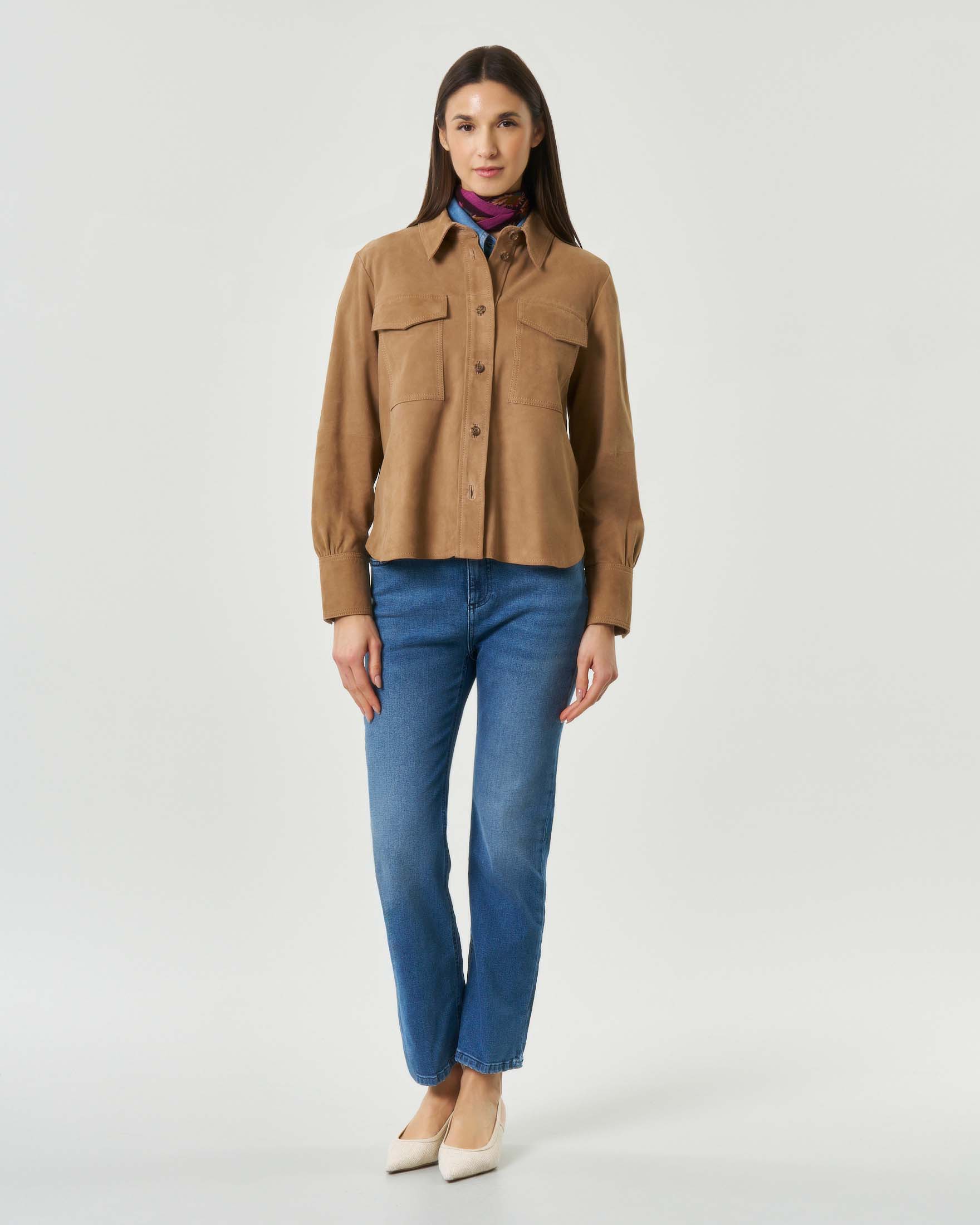 Giacca camicia Marella in suede color cammello con doppia tasca sul petto image