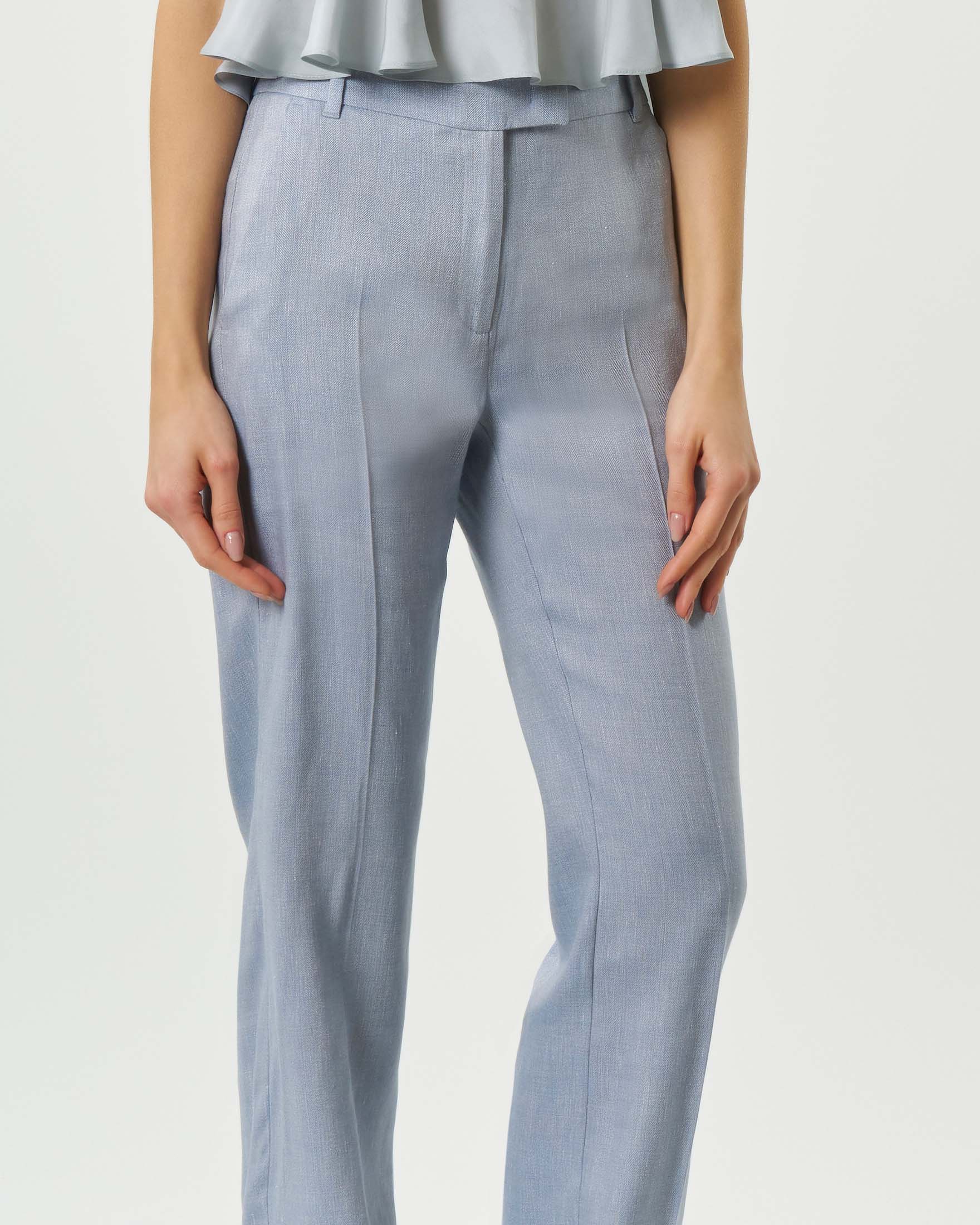Pantaloni azzurri Marella in chevron di lino con effetto malfilé image
