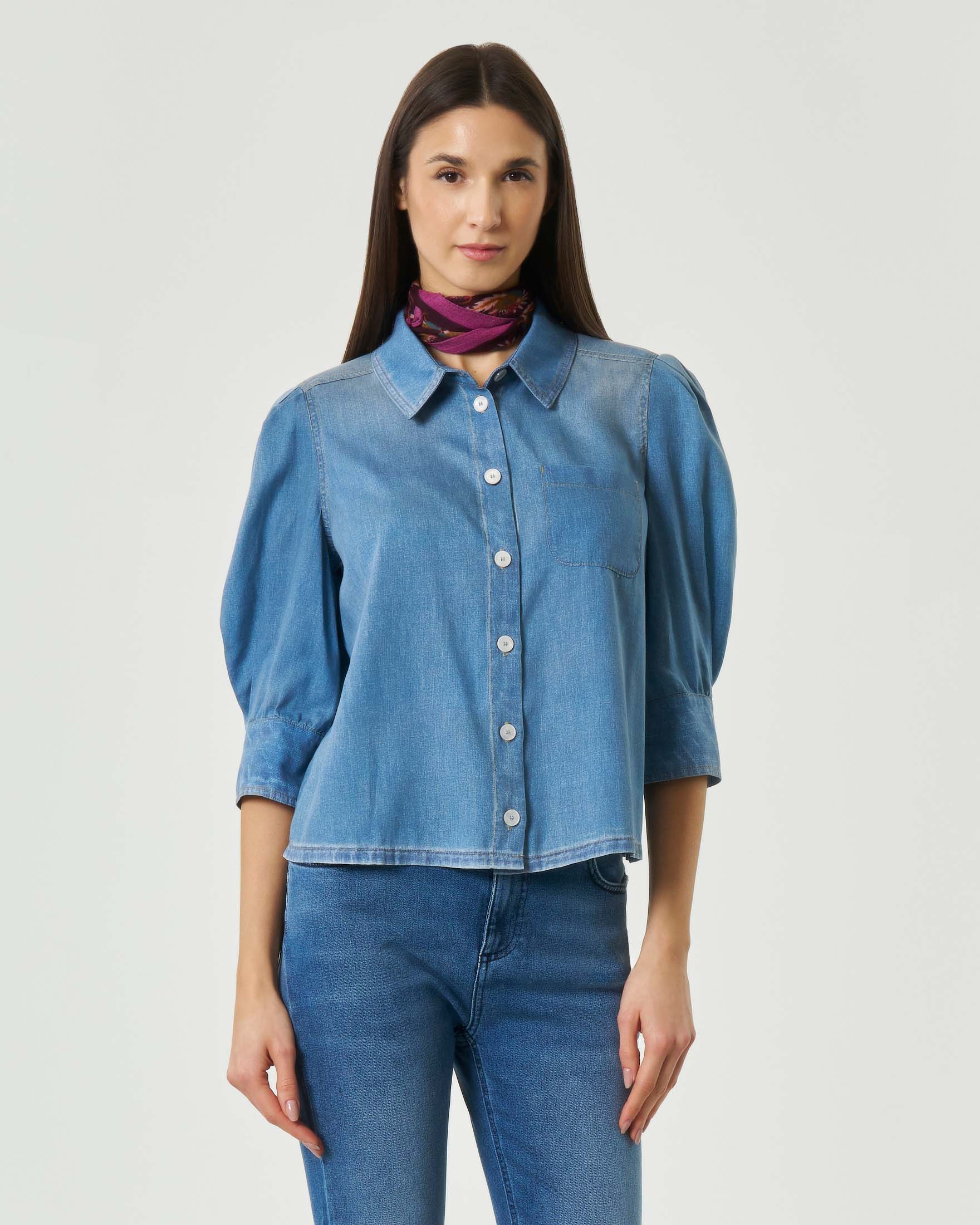 Camicia effetto denim Sport in viscosa con maniche a tre quarti a sbuffo