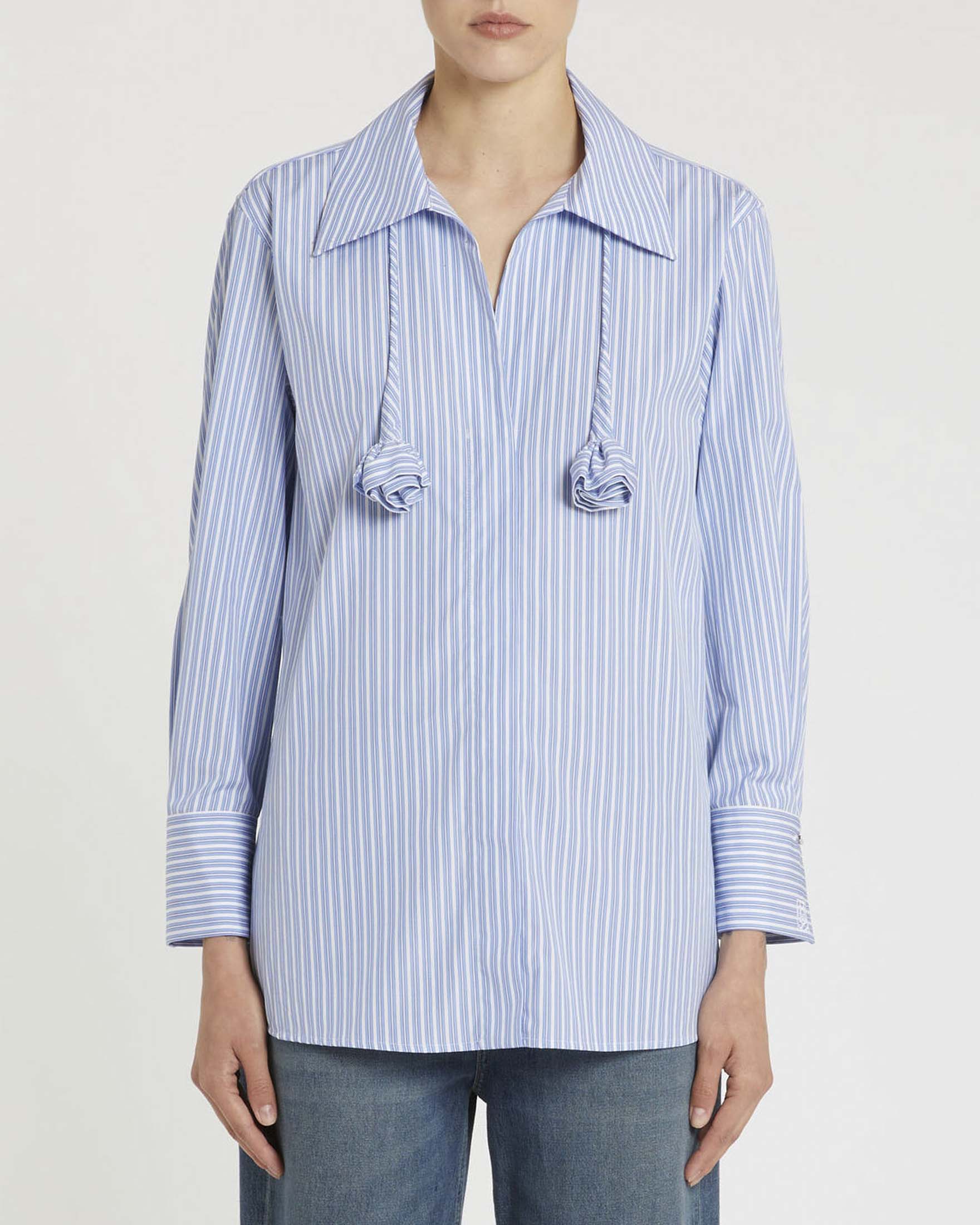 Blusa a righe azzurre e bianche Sport in popeline di puro cotone con sciarpina abbinata a motivo floreale