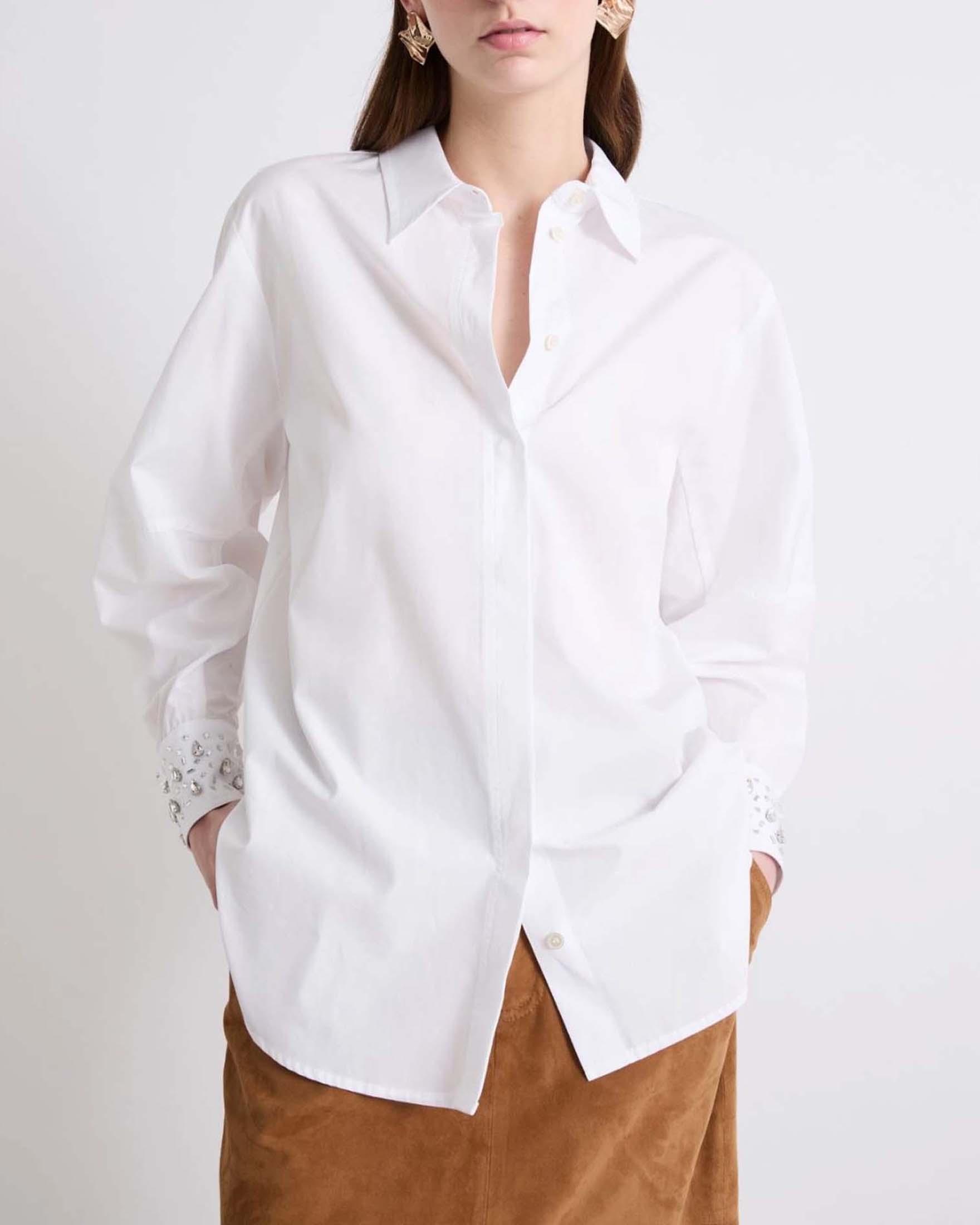 Camicia bianca Sport in popeline di puro cotone con dettagli gioiello sui polsini
