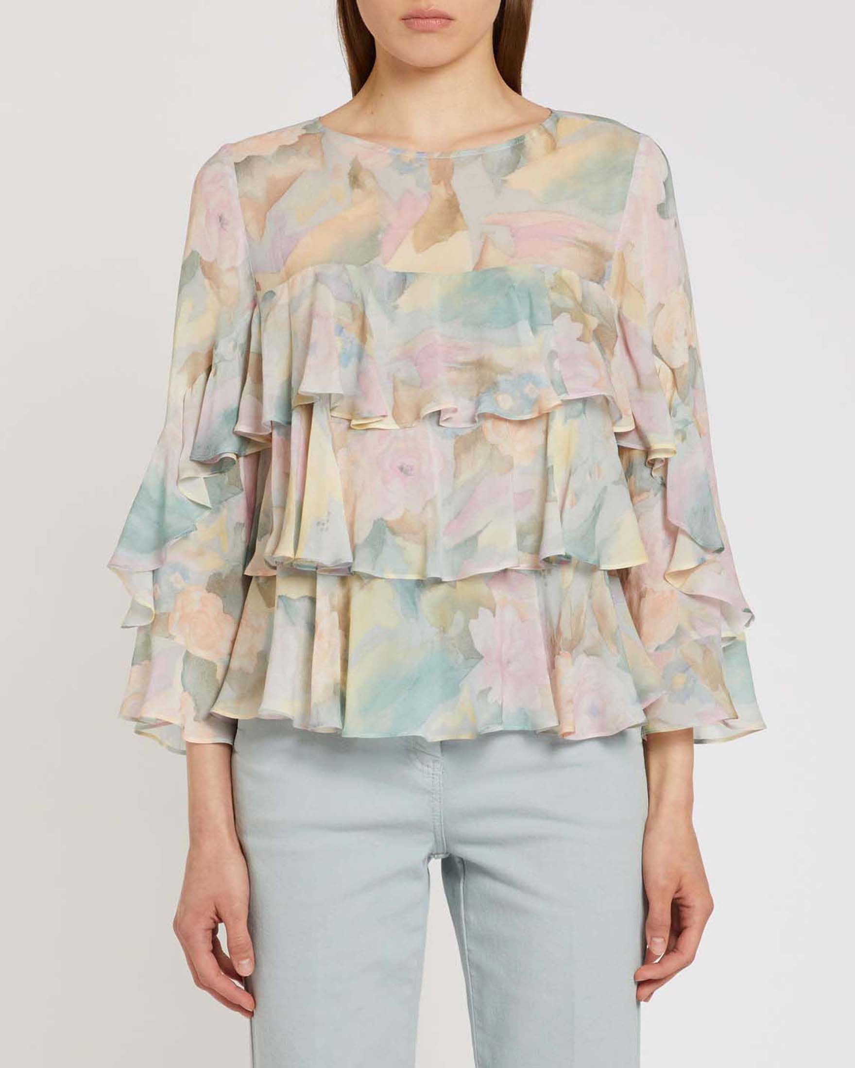 Blusa Sport in viscosa con motivo a balze e scollo a barchetta