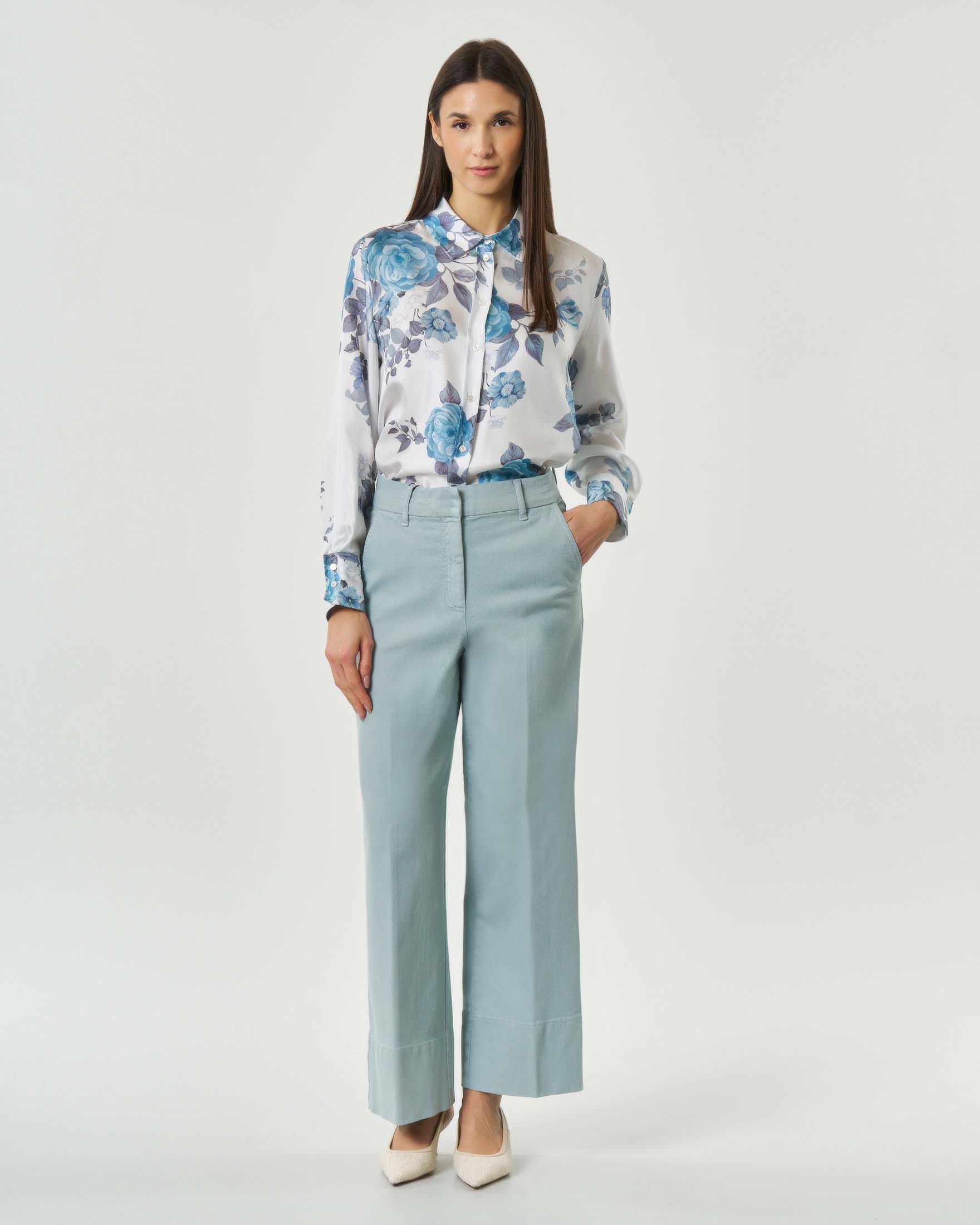 Pantaloni azzurri Sport wide leg in bull di cotone stretch