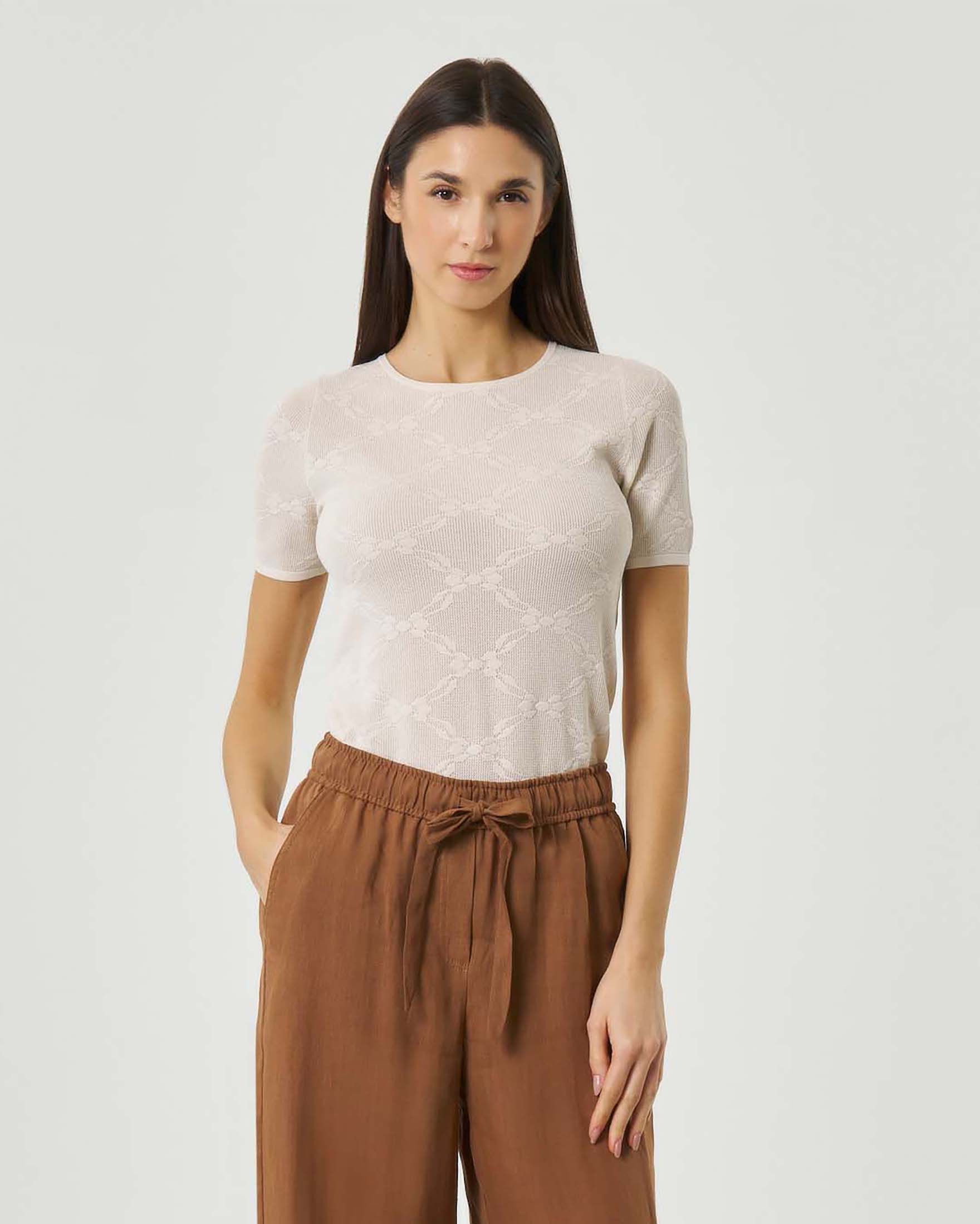 Maglia a maniche corte color panna Marella Sport in viscosa lavorata in maglia di pizzo