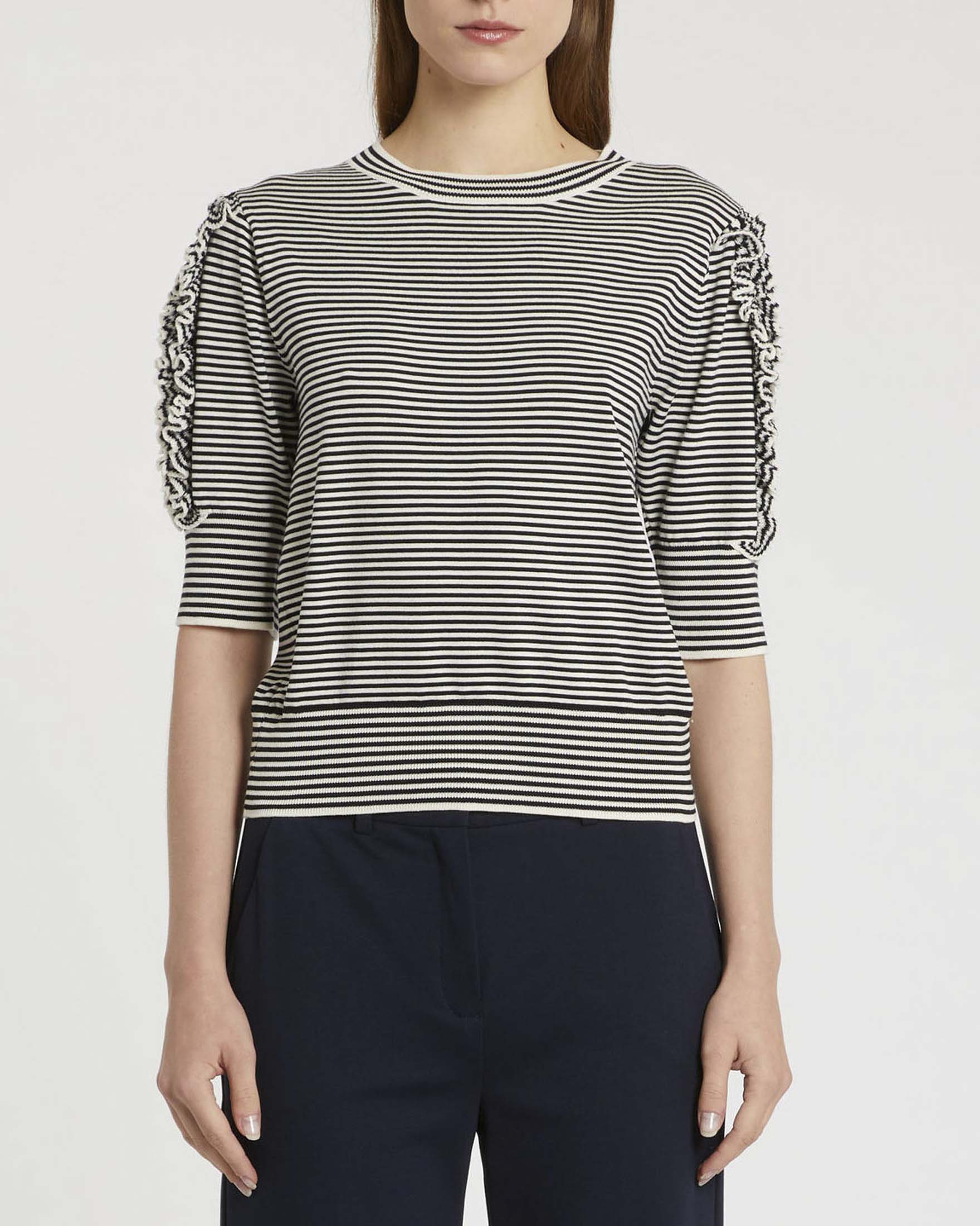 Maglia Marella Sport a righe bianche e blu con maniche al gomito e rouches