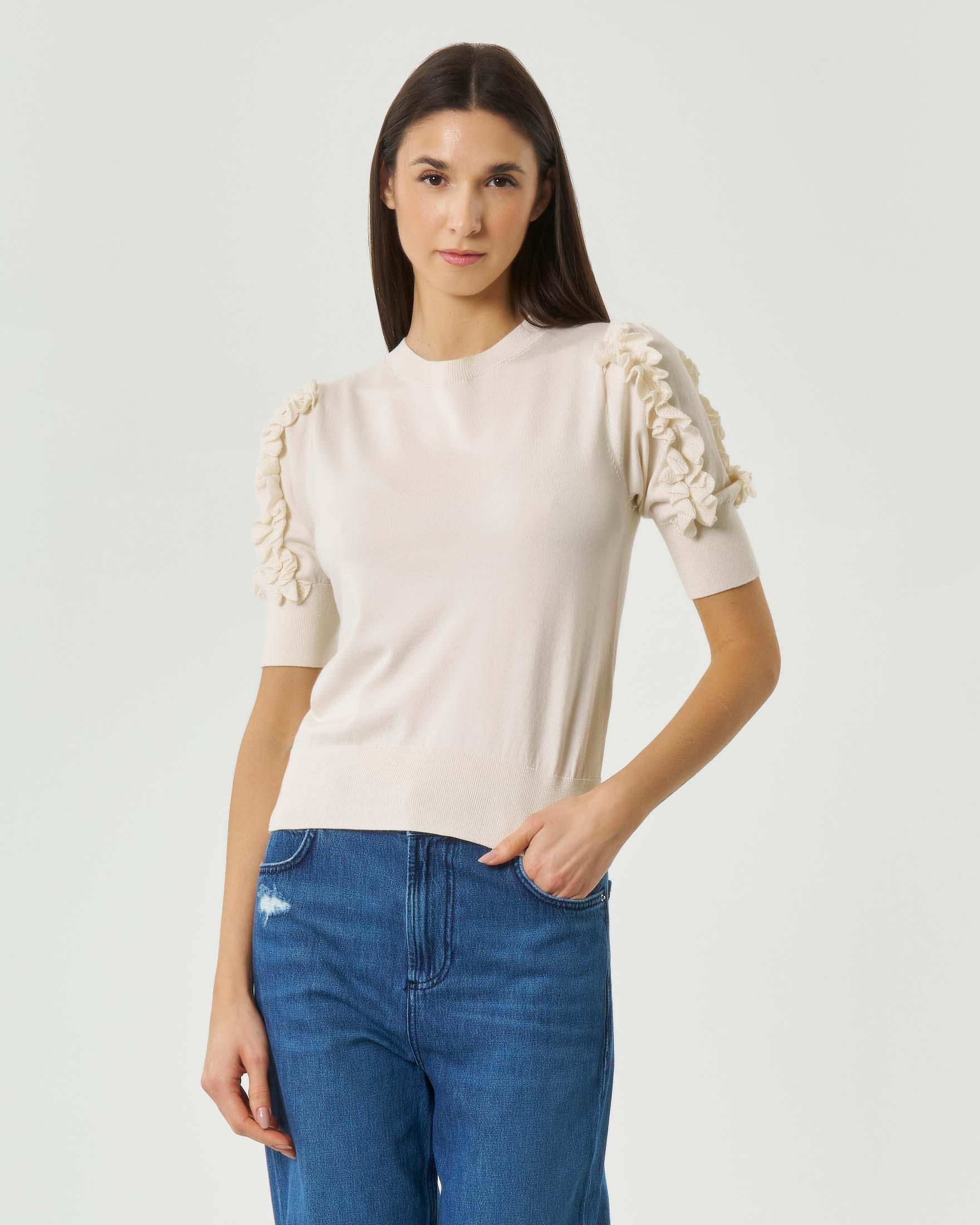 Maglia Marella Sport color panna con maniche al gomito e rouches