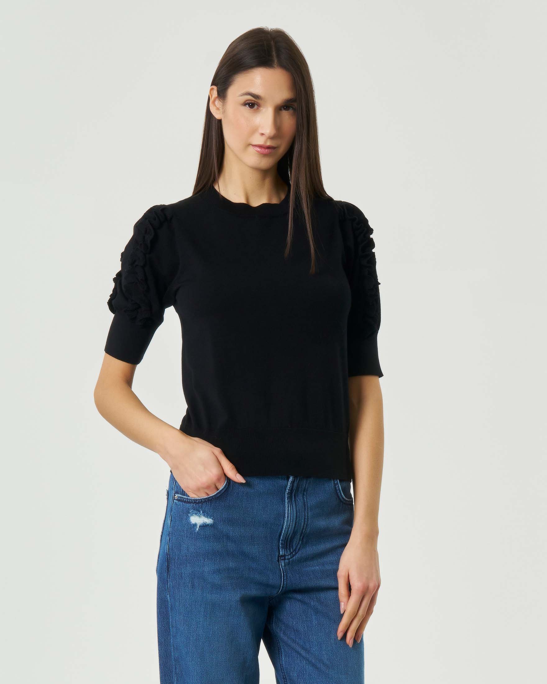 Maglia Marella Sport nera con maniche al gomito e rouches